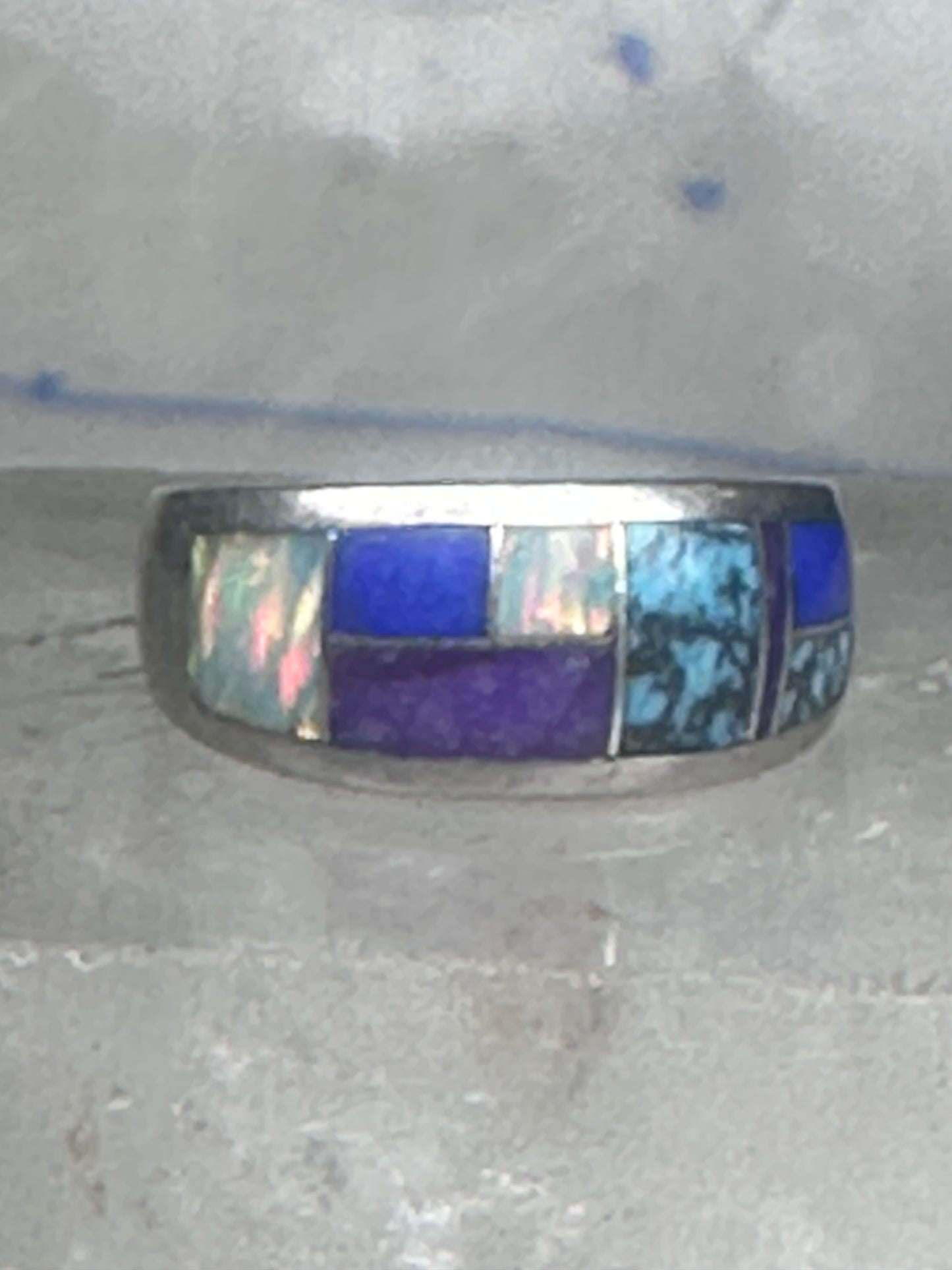 Turquoise inlaid ring size_6.7 blue lapis lab opal band sterling silver southwestern women men