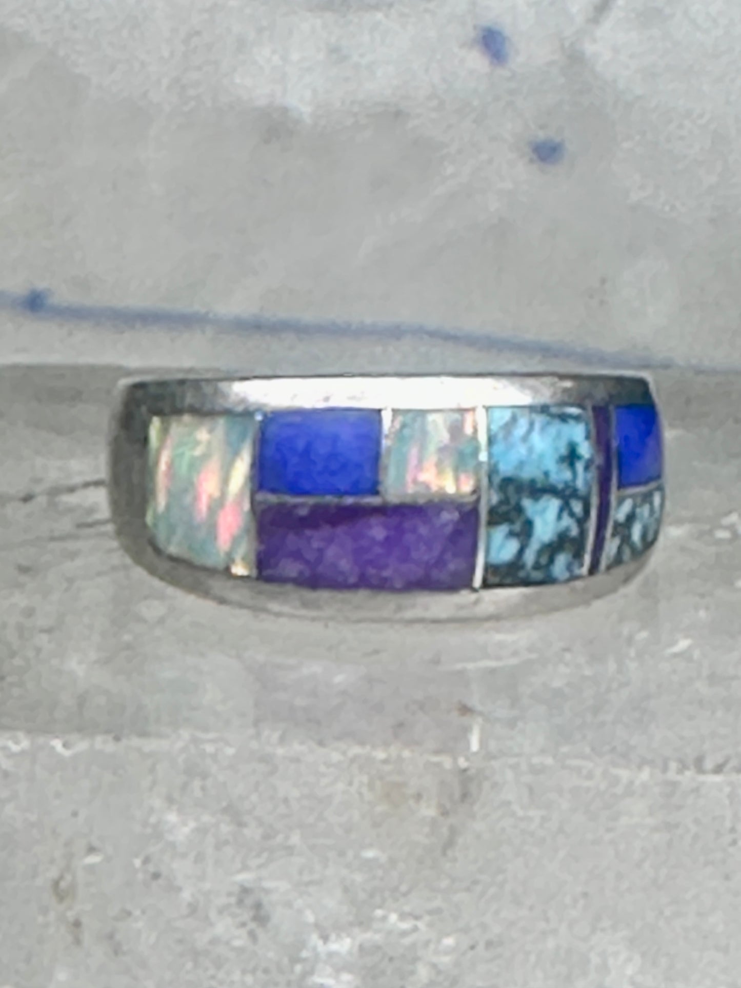 Turquoise inlaid ring size_6.7 blue lapis lab opal band sterling silver southwestern women men