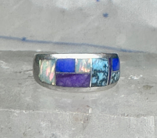 Vintage Teme Signed Southwestern Multi-Stone Inlay Band Ring Sterling Silver - Size 6.75
