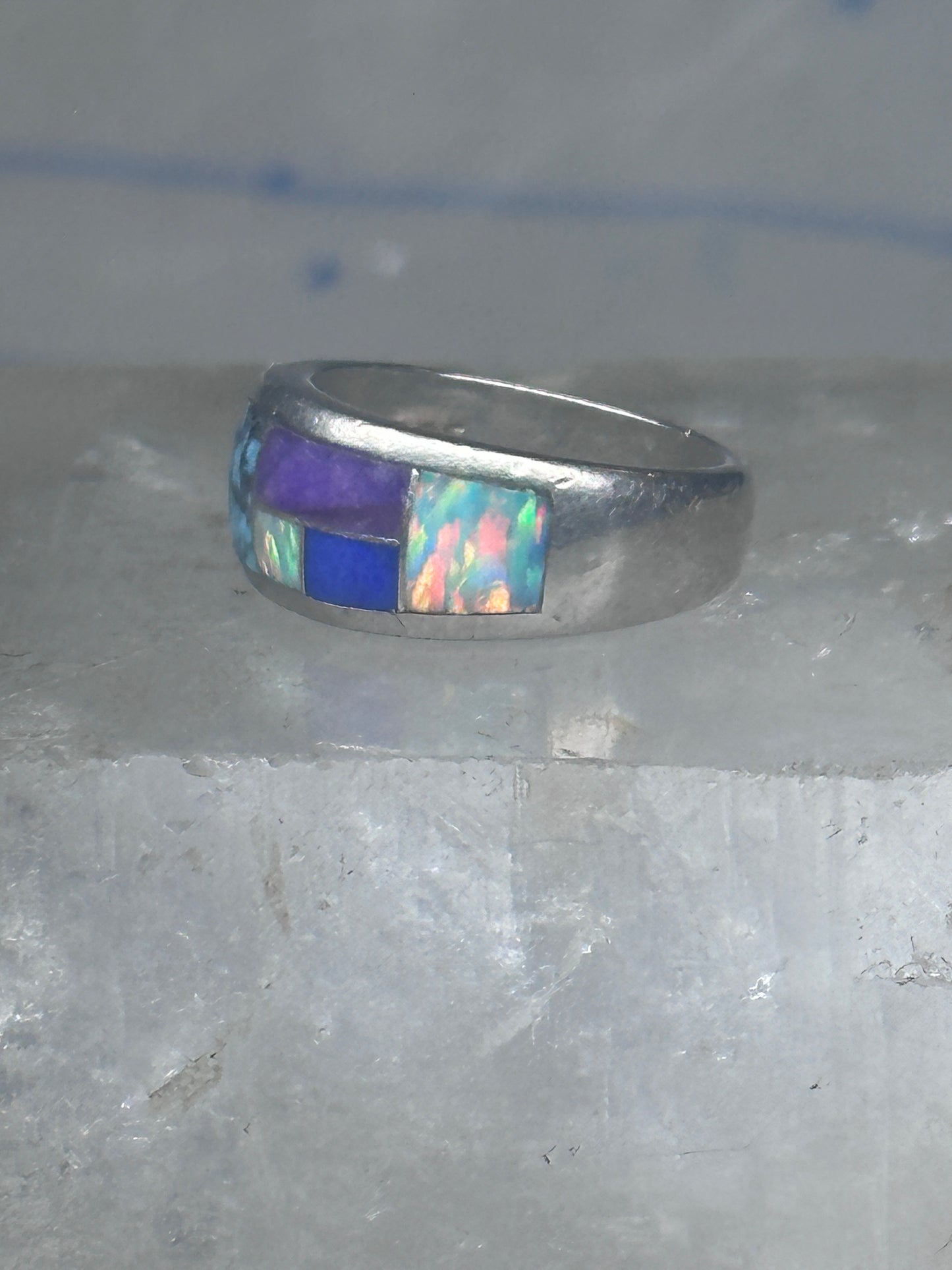 Turquoise inlaid ring size_6.7 blue lapis lab opal band sterling silver southwestern women men