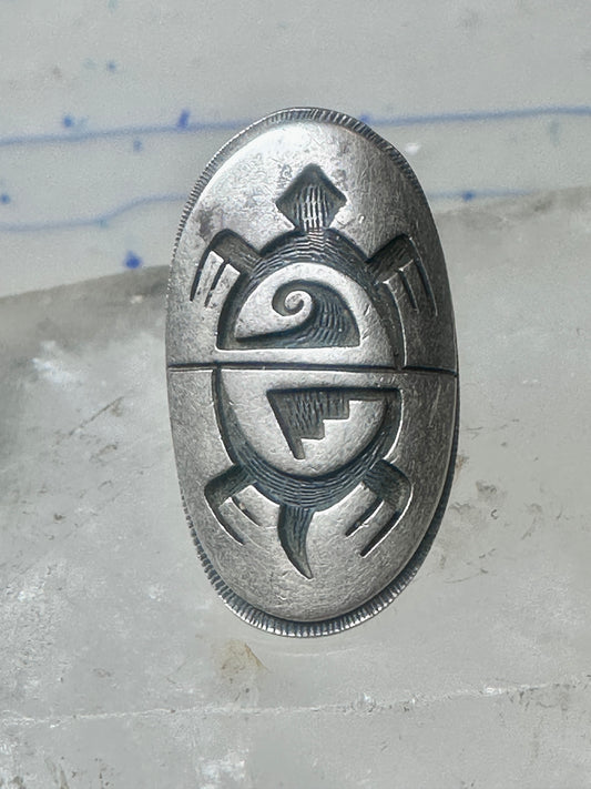 Vintage Signed Hopi Shield Overlay Long Turtle Ring Sterling Silver - Size 6