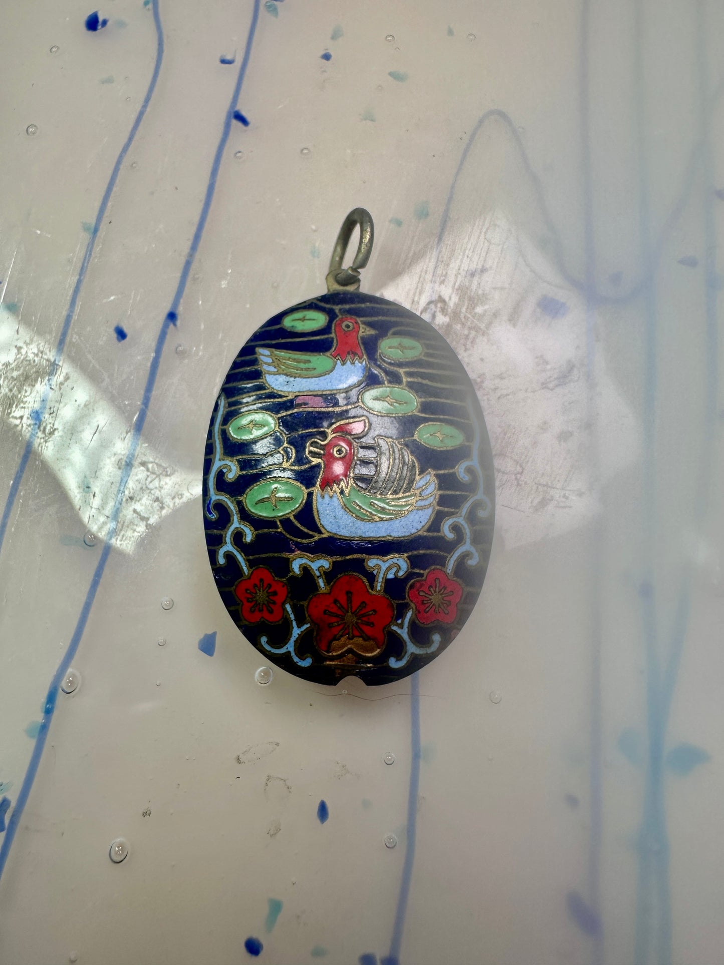 Vintage Ducks swimming in lake w flowers Cloisonne pendant Double Sided