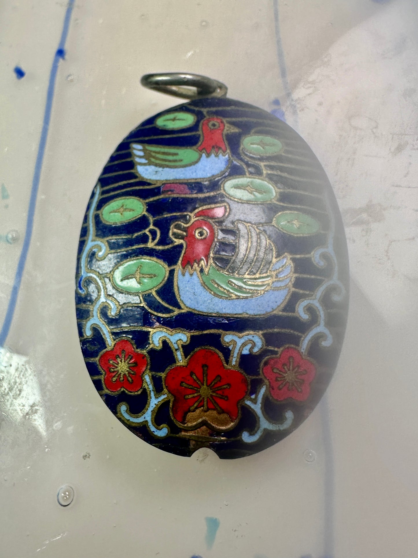 Vintage Ducks swimming in lake w flowers Cloisonne pendant Double Sided