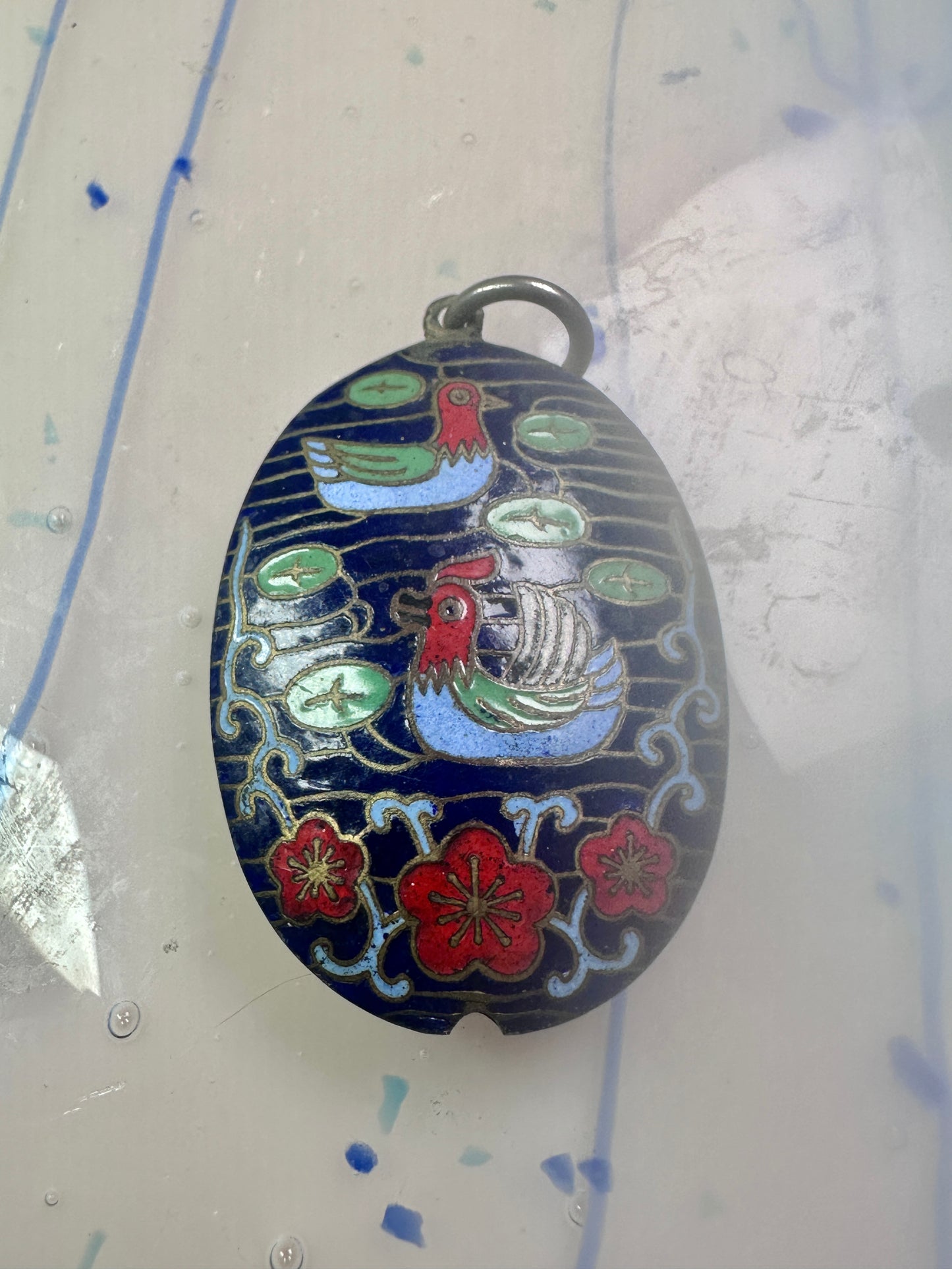 Vintage Ducks swimming in lake w flowers Cloisonne pendant Double Sided