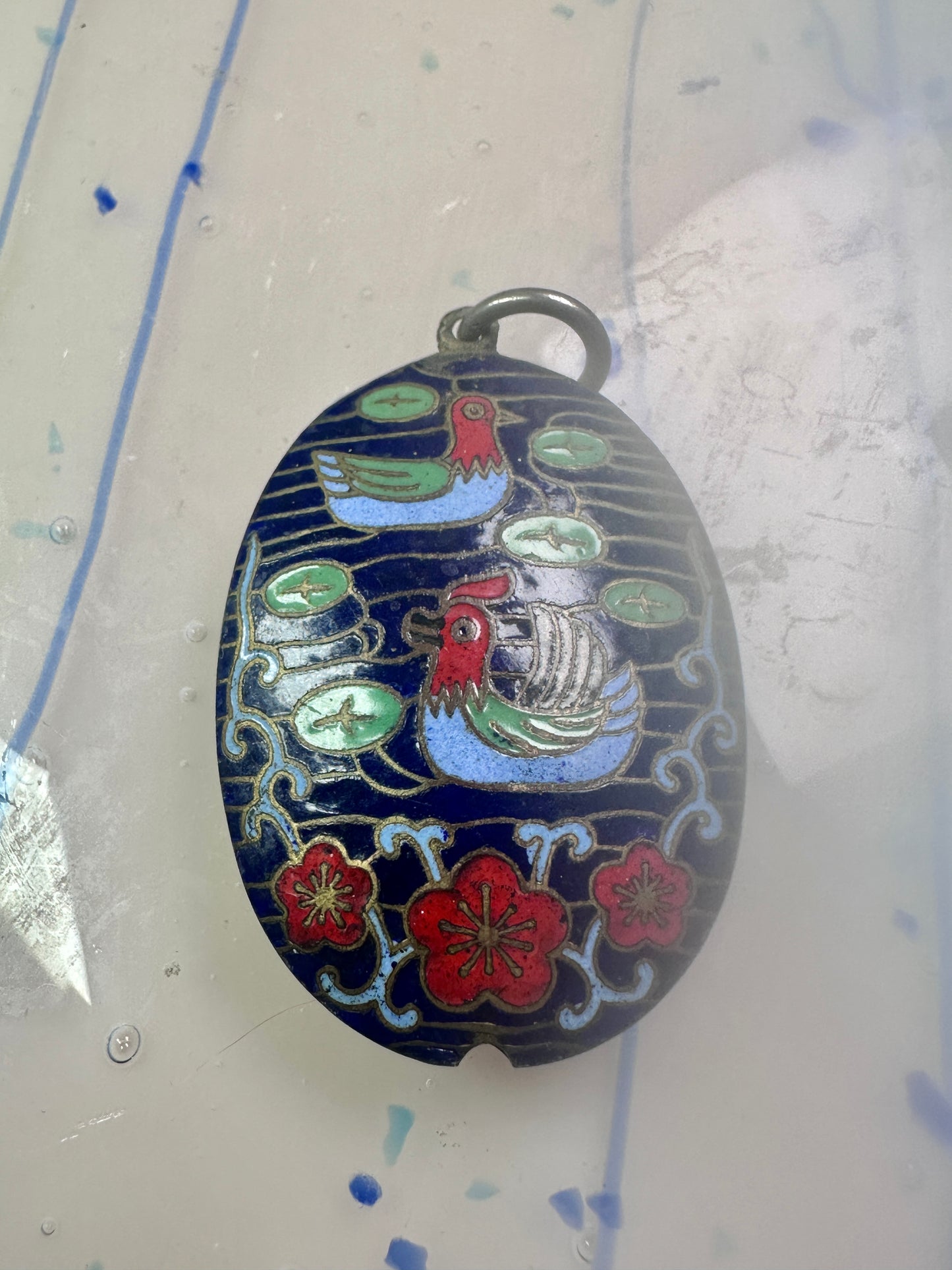 Vintage Ducks swimming in lake w flowers Cloisonne pendant Double Sided