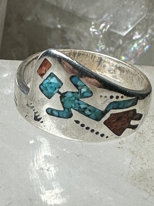 Kachina ring turquoise coral chips band size 7 sterling silver women