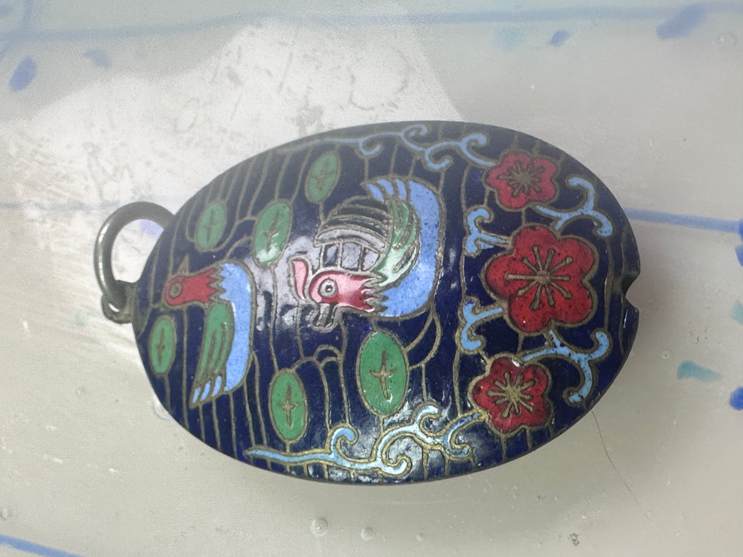 Vintage Ducks swimming in lake w flowers Cloisonne pendant Double Sided