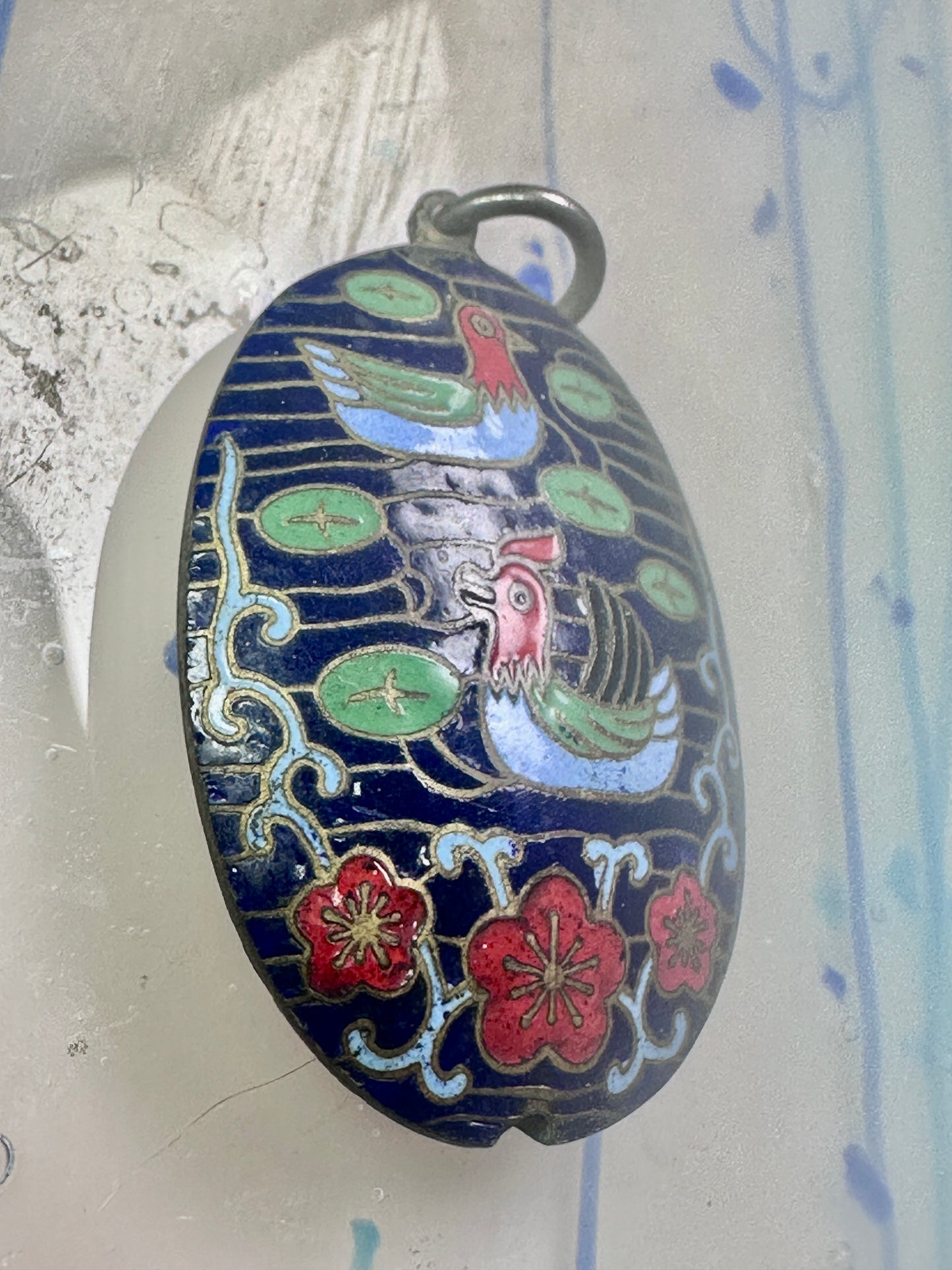 Vintage Ducks swimming in lake w flowers Cloisonne pendant Double Sided