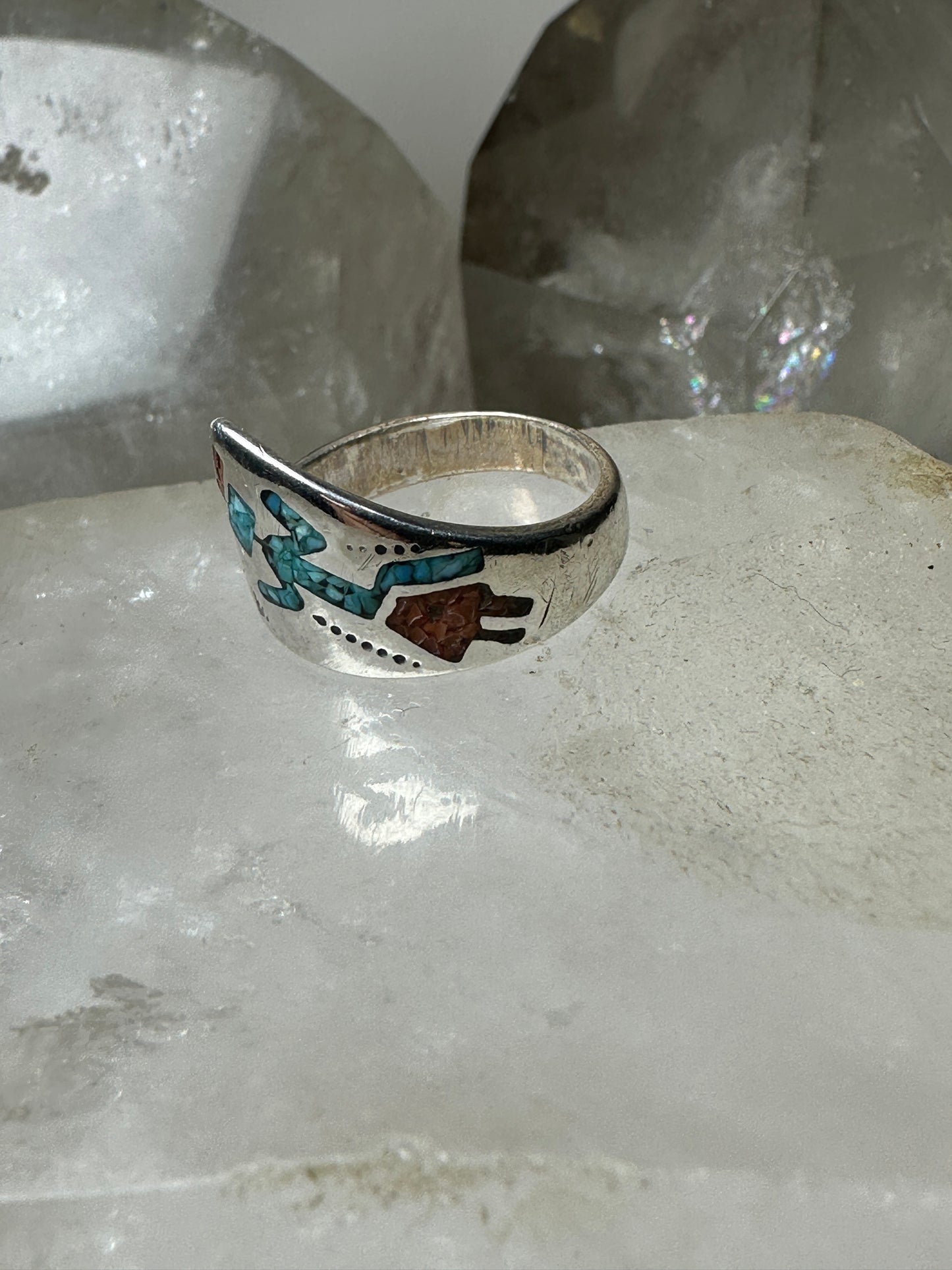 Kachina ring turquoise coral chips band size 7 sterling silver women