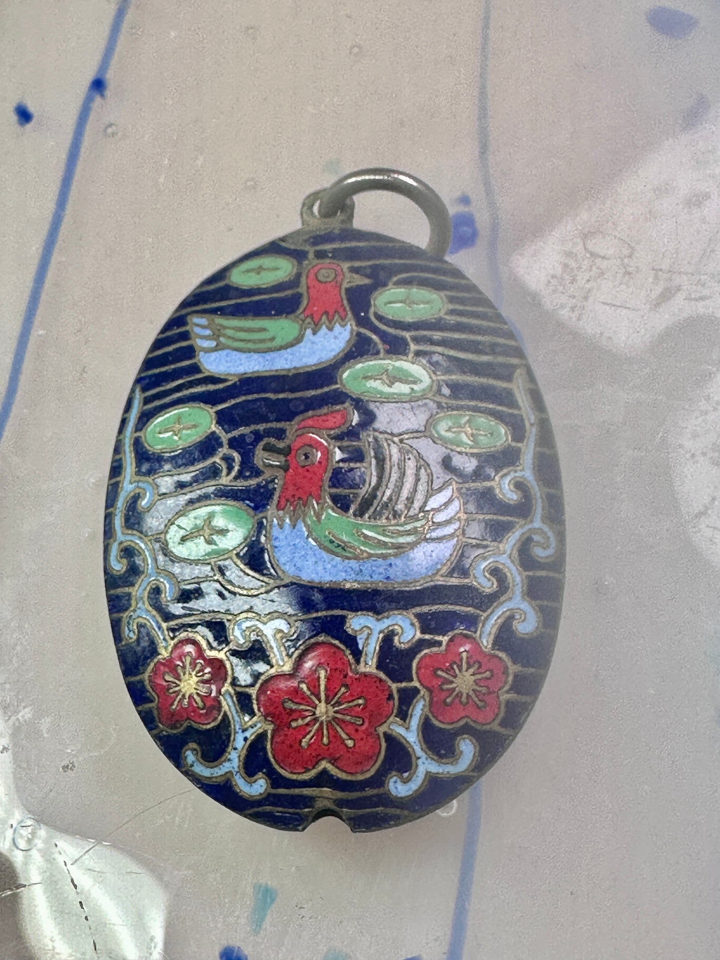 Vintage Ducks swimming in lake w flowers Cloisonne pendant Double Sided