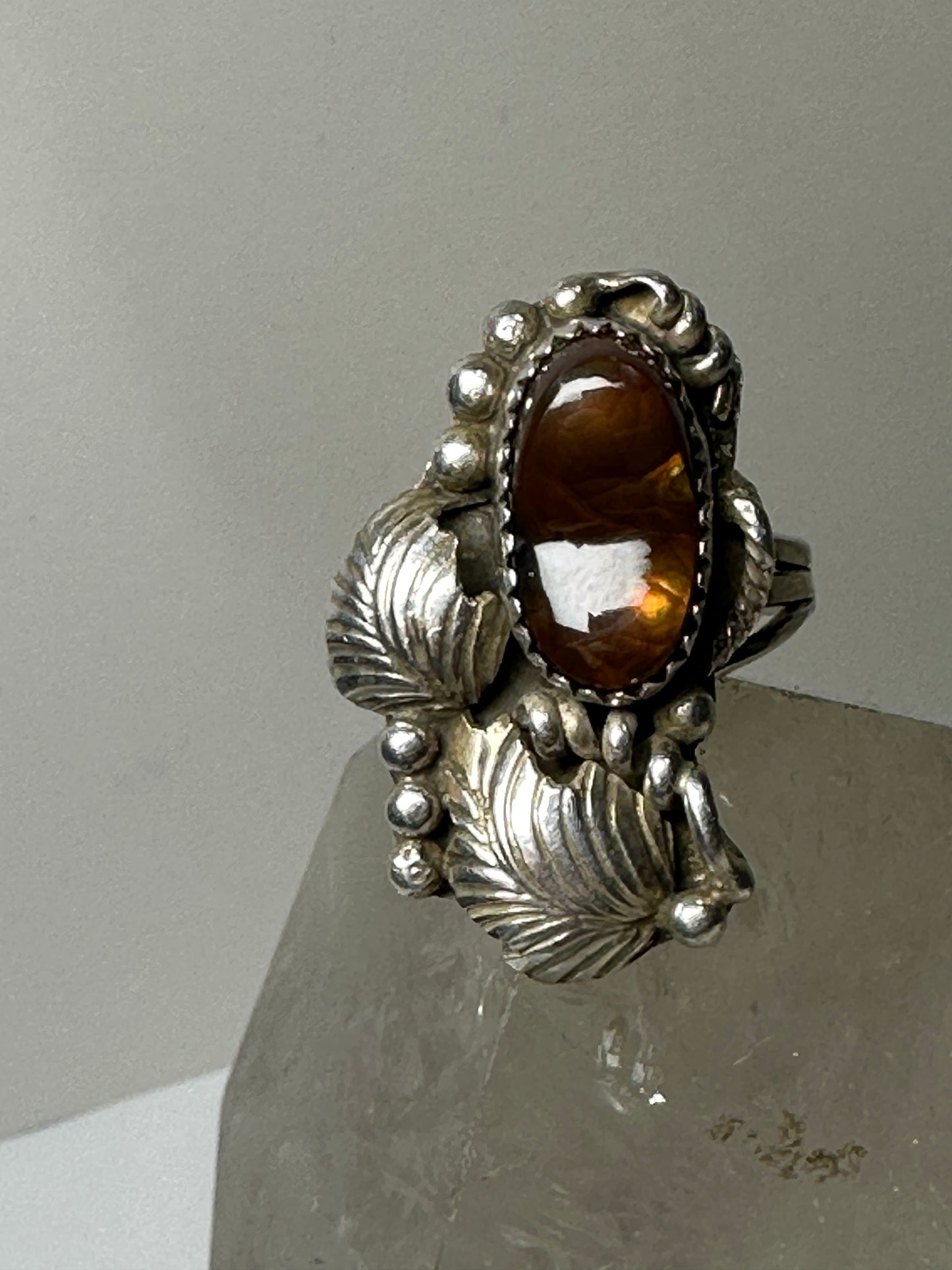 Fire Agate ring Navajo leaves size 6.25 sterling silver women