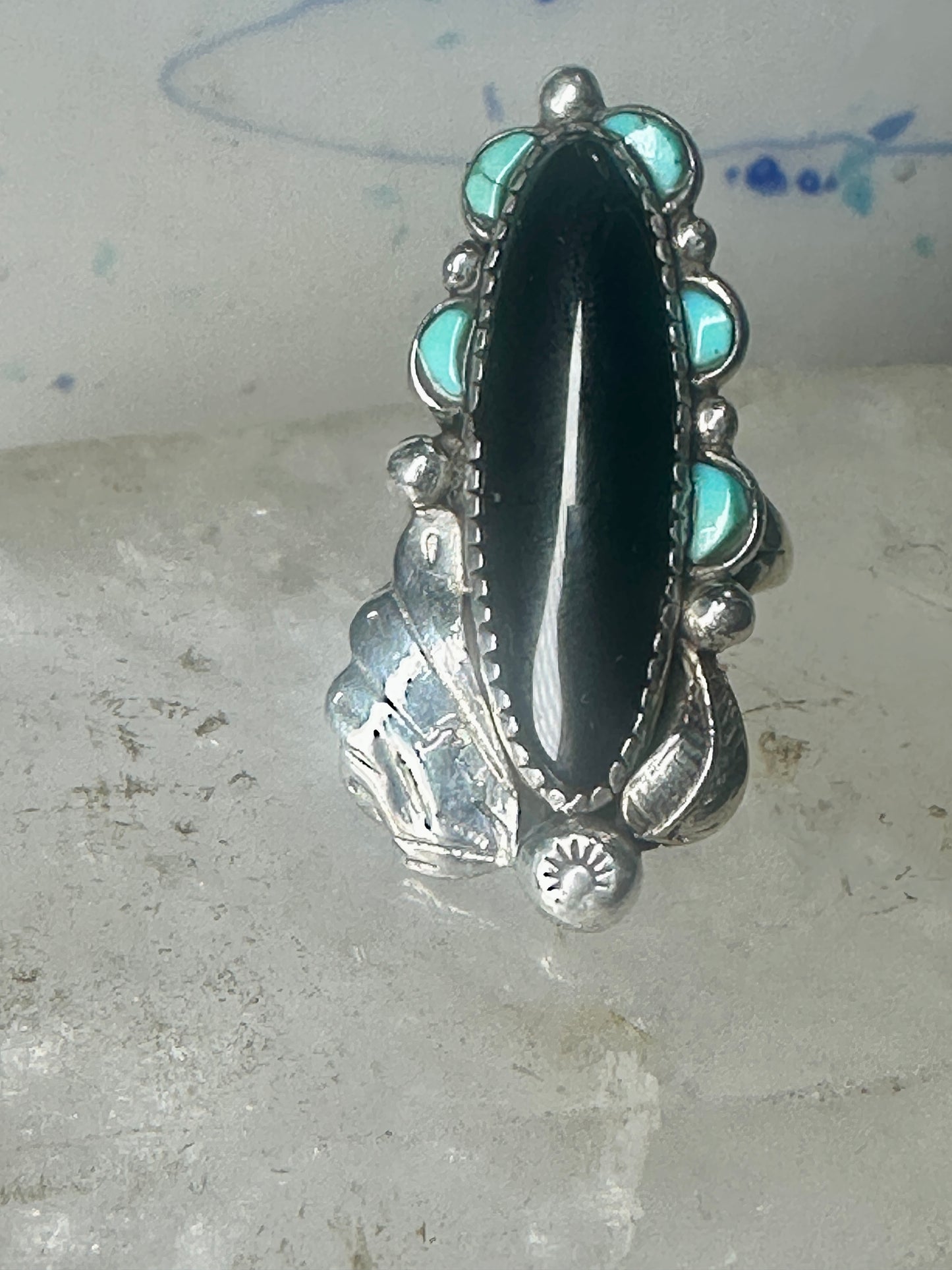 Navajo ring long onyx turquoise size 6 sterling silver signed JR women