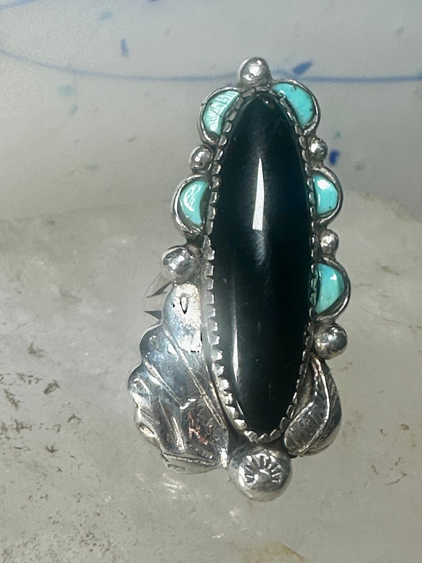 Navajo ring long onyx turquoise size 6 sterling silver signed JR women