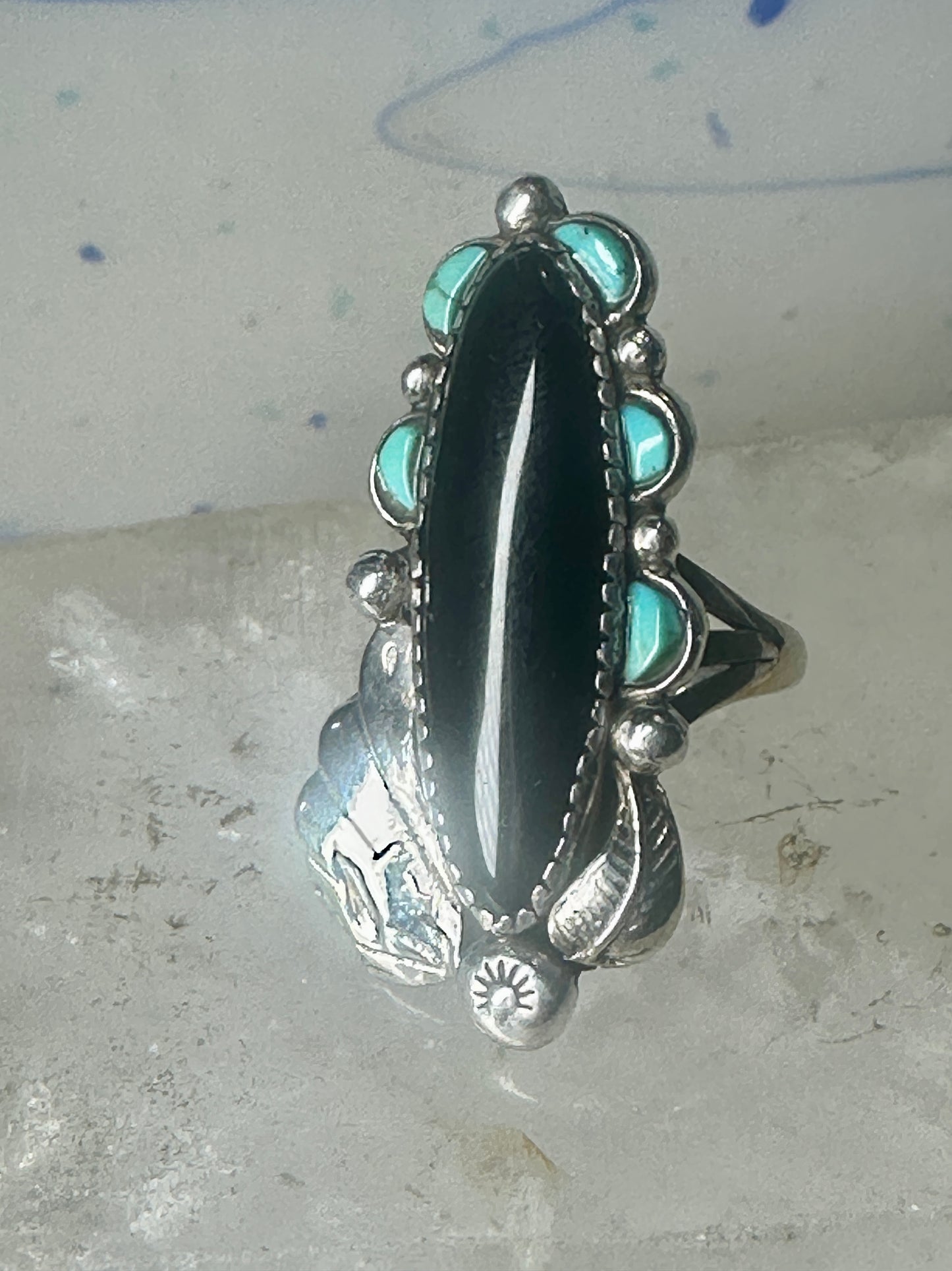 Navajo ring long onyx turquoise size 6 sterling silver signed JR women