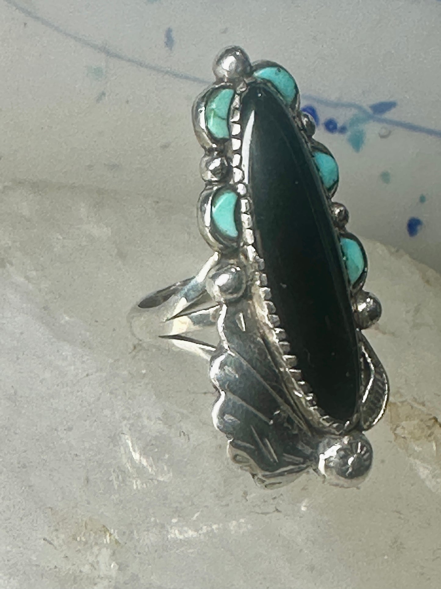 Navajo ring long onyx turquoise size 6 sterling silver signed JR women