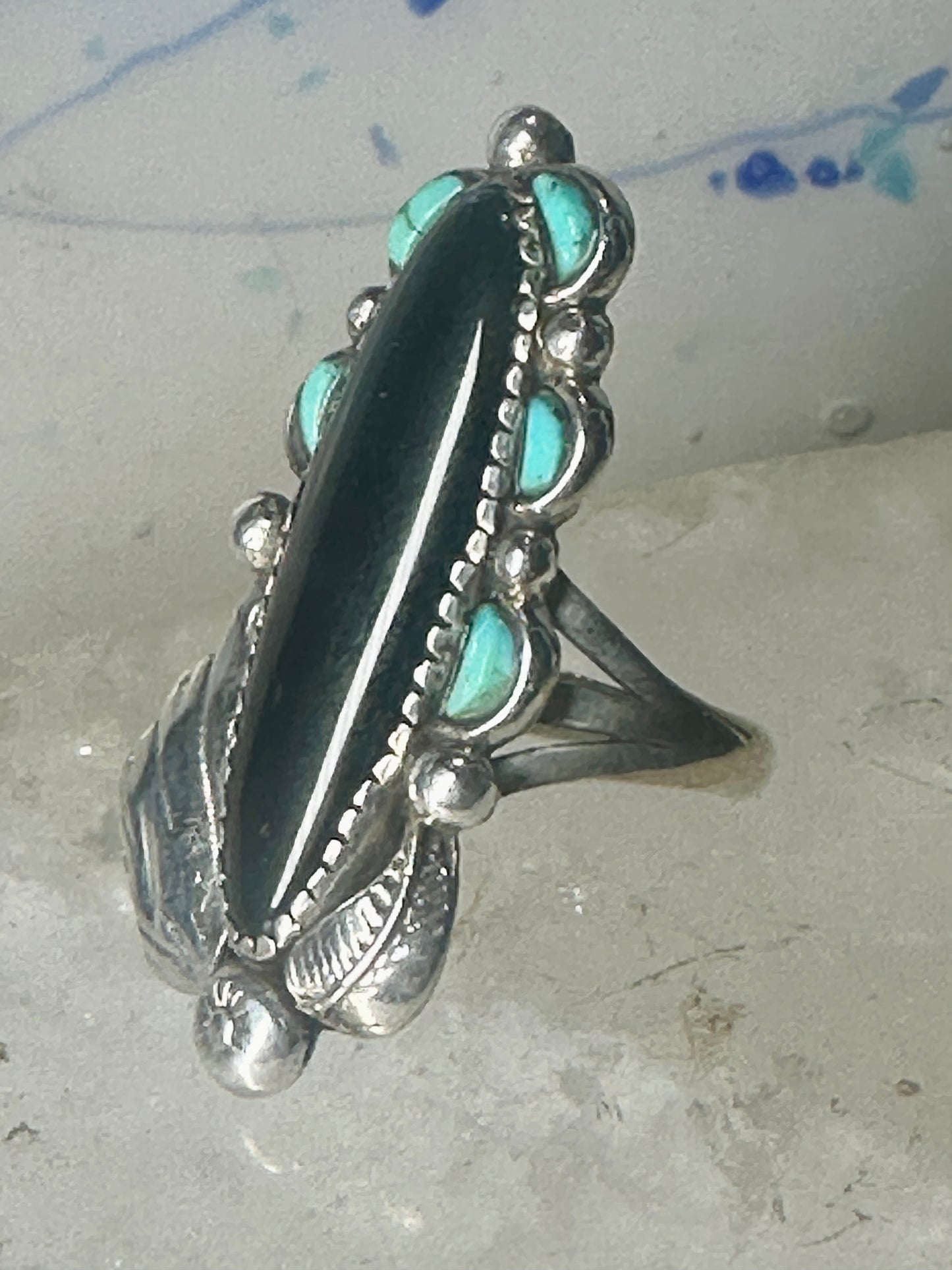 Navajo ring long onyx turquoise size 6 sterling silver signed JR women