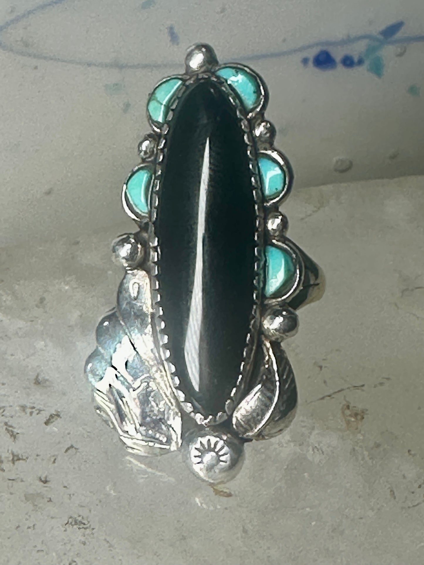 Navajo ring long onyx turquoise size 6 sterling silver signed JR women