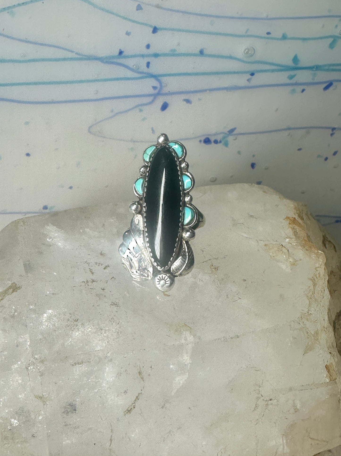 Navajo ring long onyx turquoise size 6 sterling silver signed JR women