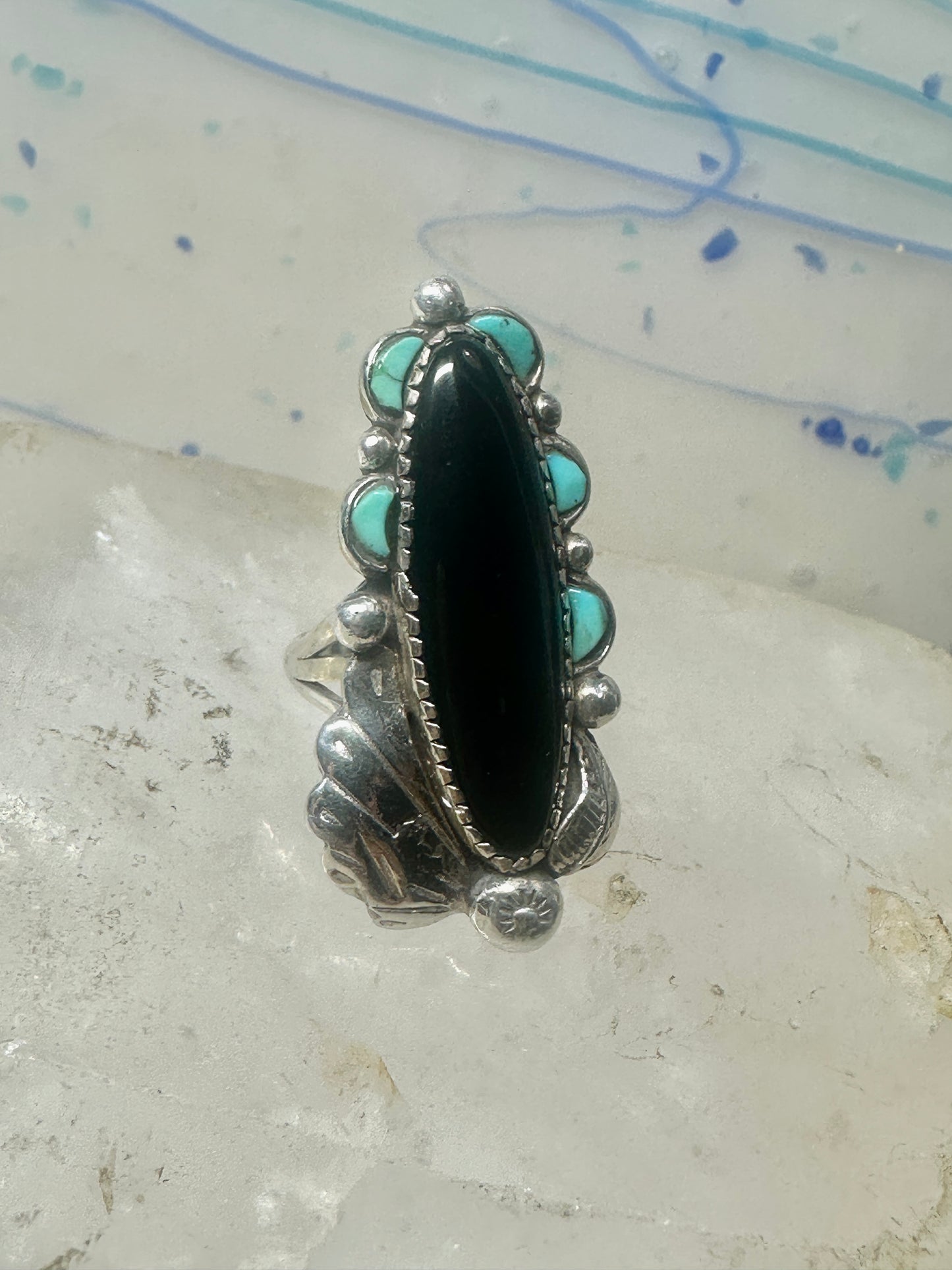 Navajo ring long onyx turquoise size 6 sterling silver signed JR women
