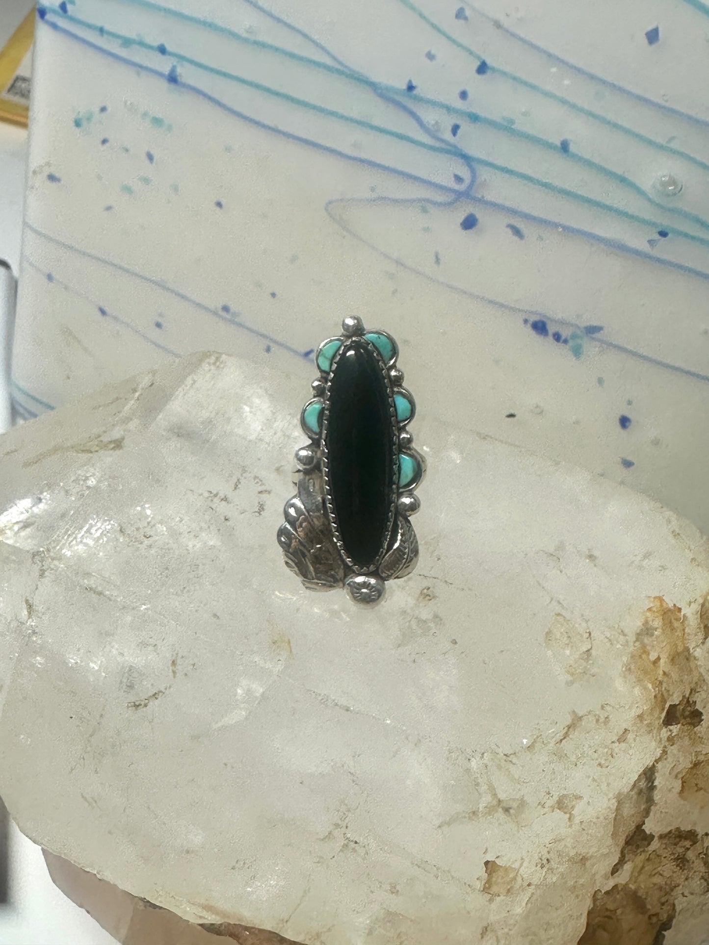 Navajo ring long onyx turquoise size 6 sterling silver signed JR women