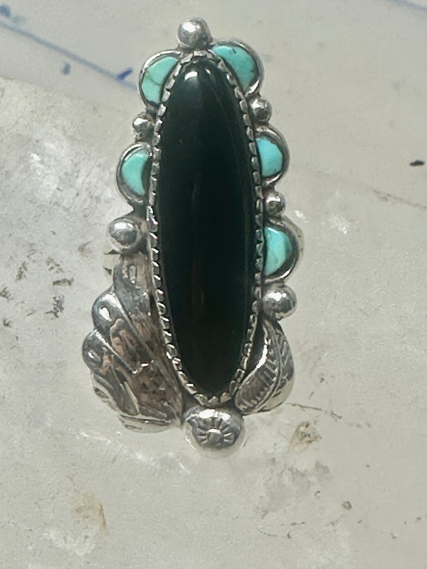 Navajo ring long onyx turquoise size 6 sterling silver signed JR women