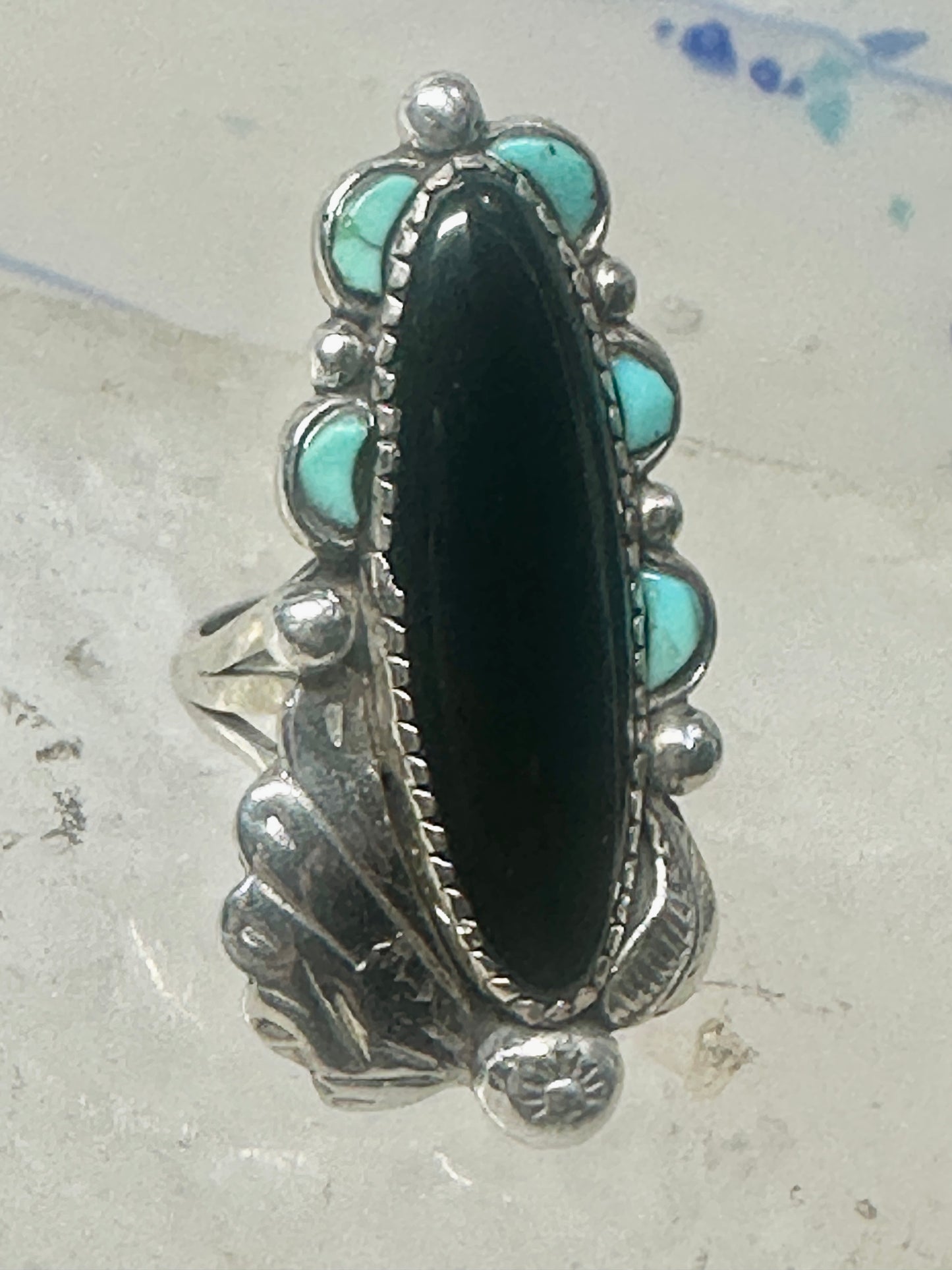 Navajo ring long onyx turquoise size 6 sterling silver signed JR women