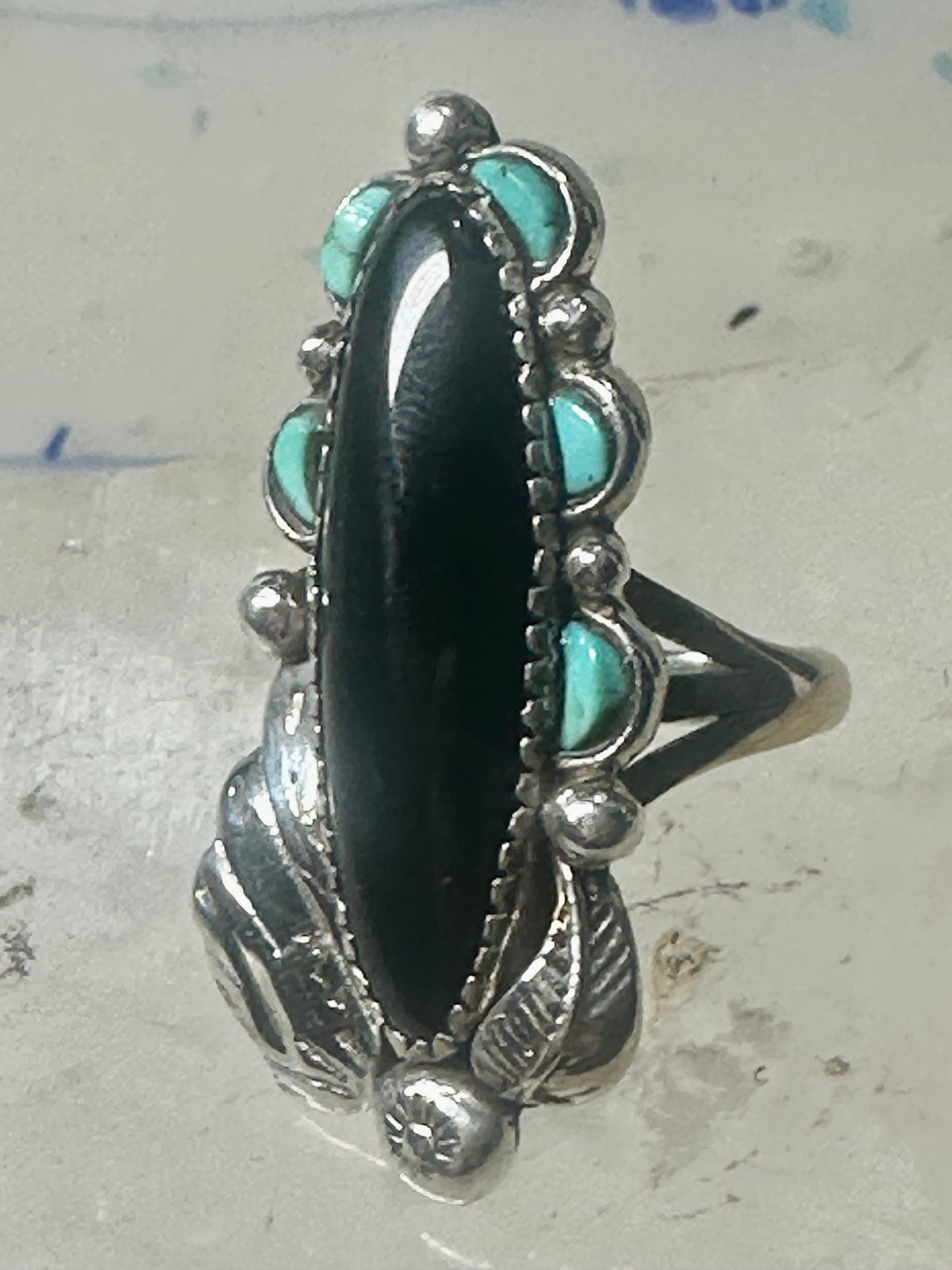 Navajo ring long onyx turquoise size 6 sterling silver signed JR women