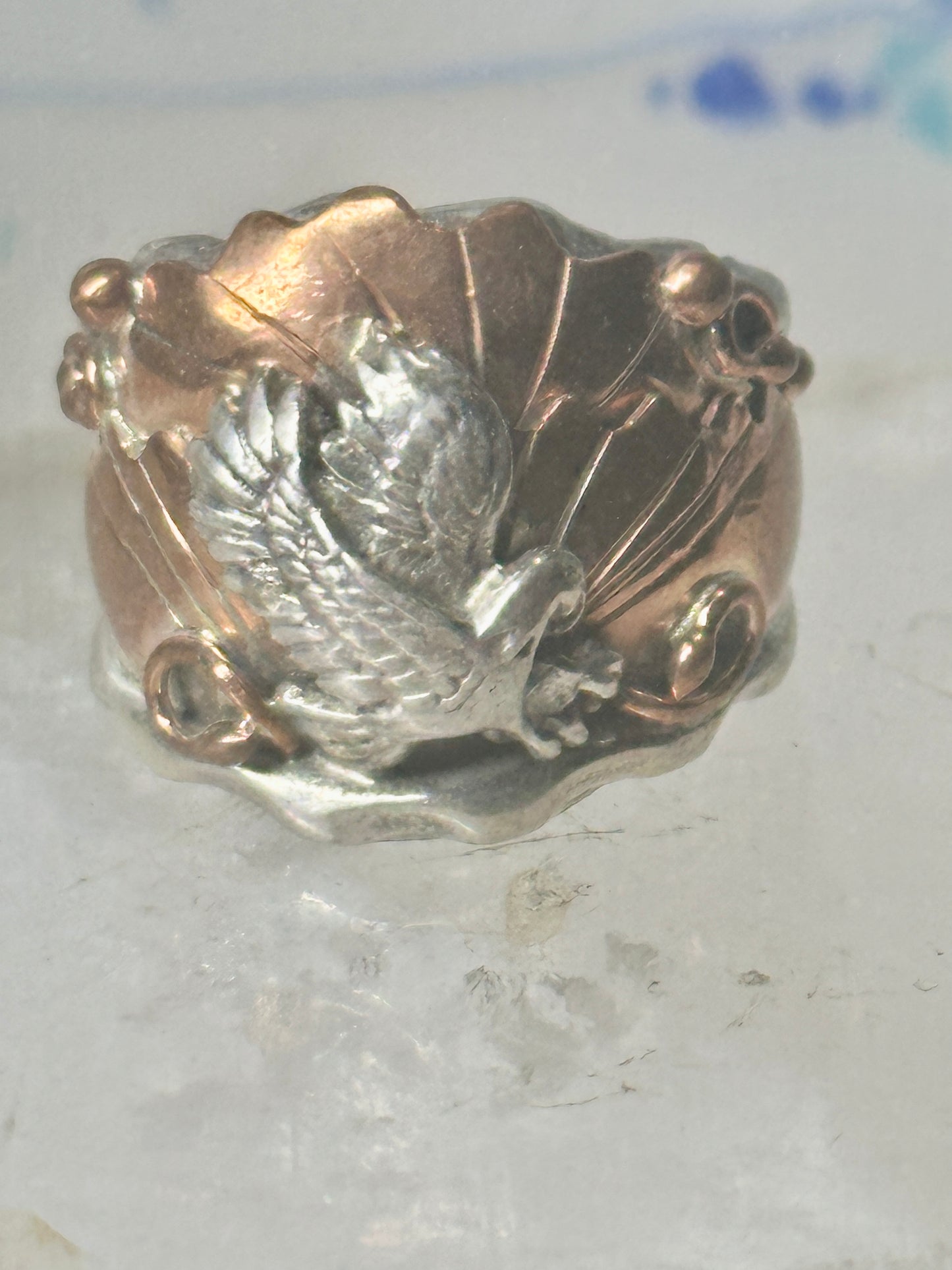 Navajo ring Eagle band by Etsitty size 6.25 sterling silver copper signed logo of bear women men