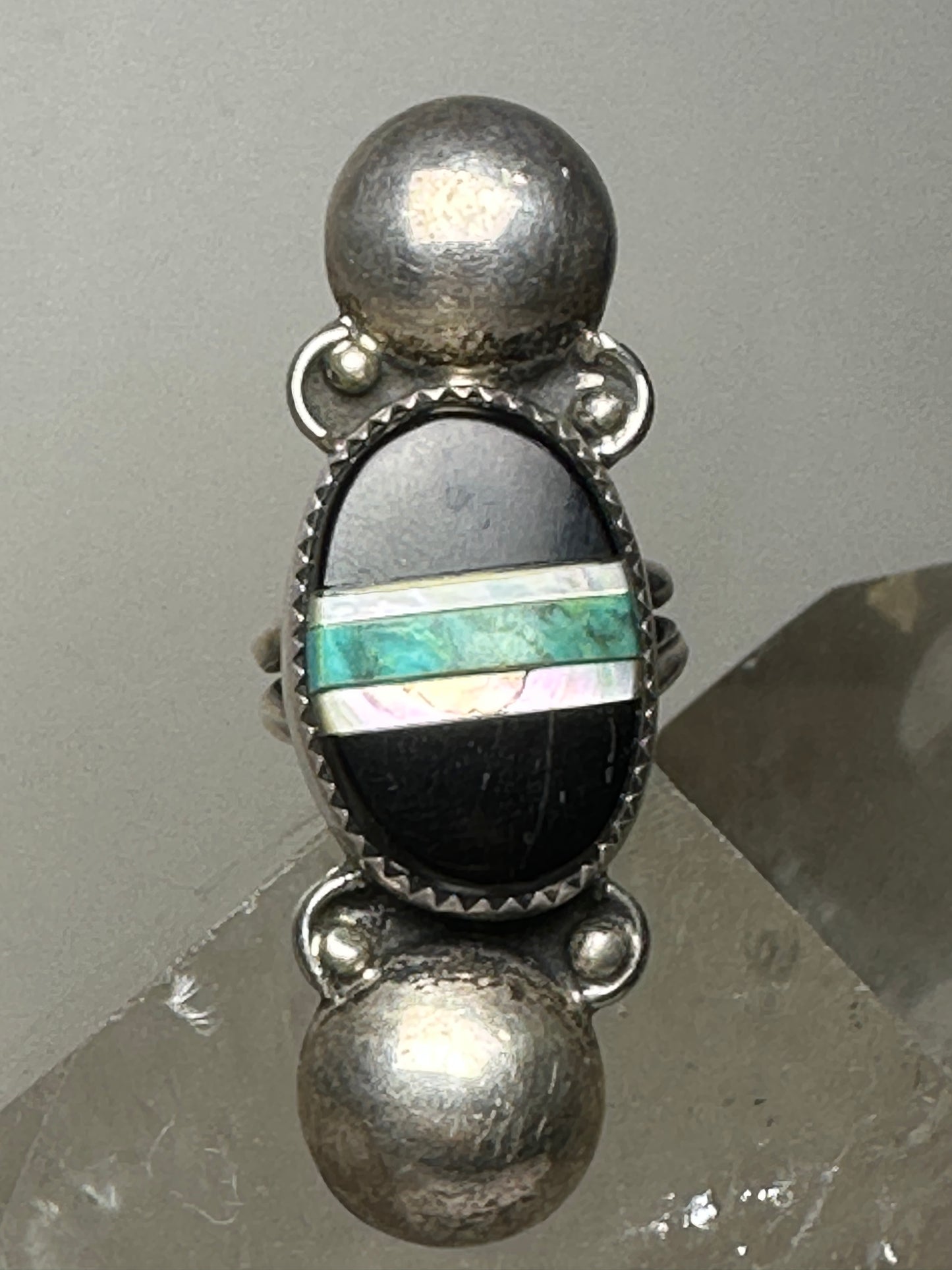 Long Navajo ring onyx turquoise mop size 7 sterling silver women