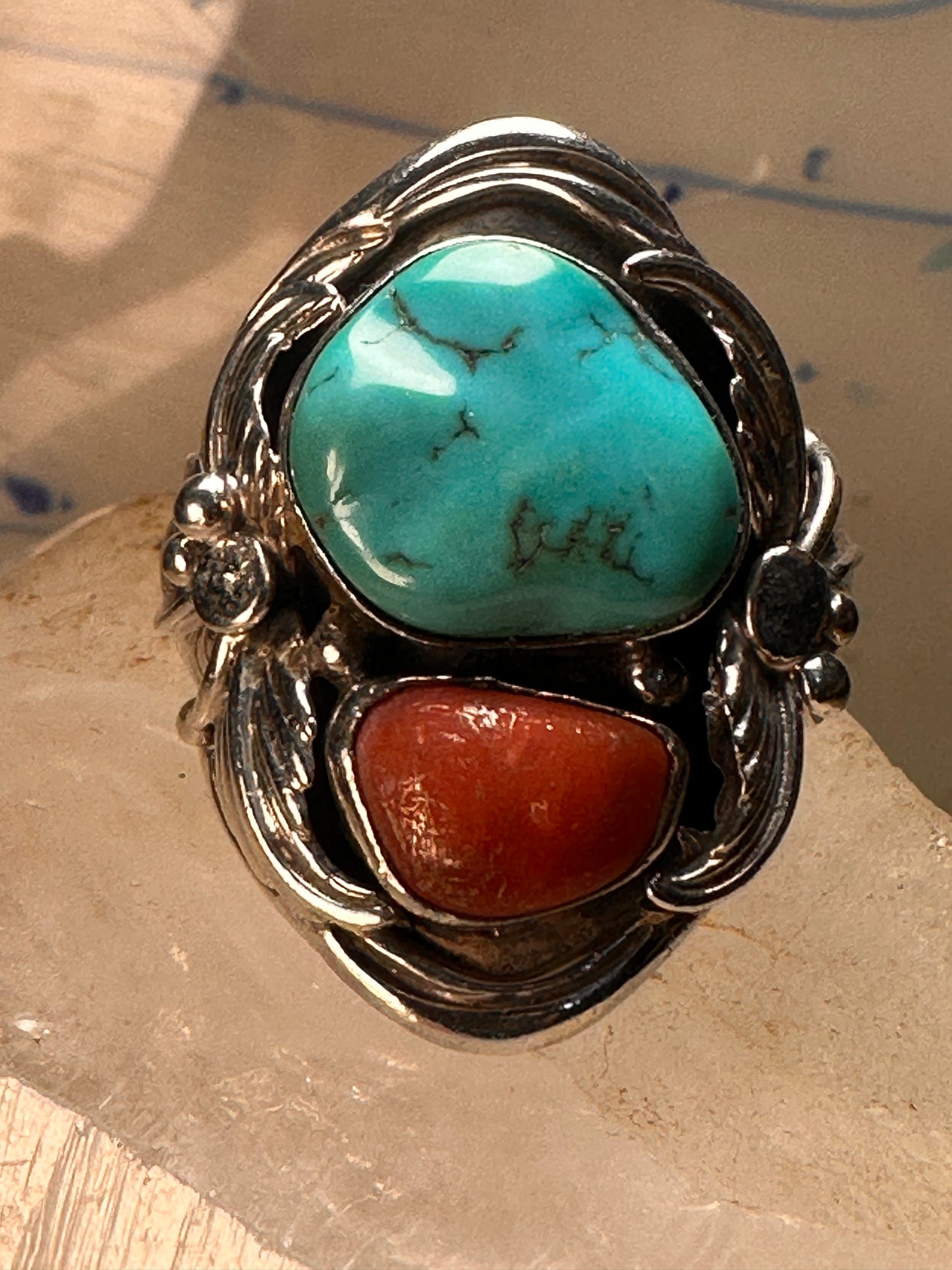 Navajo ring turquoise coral size 10 sterling silver women men