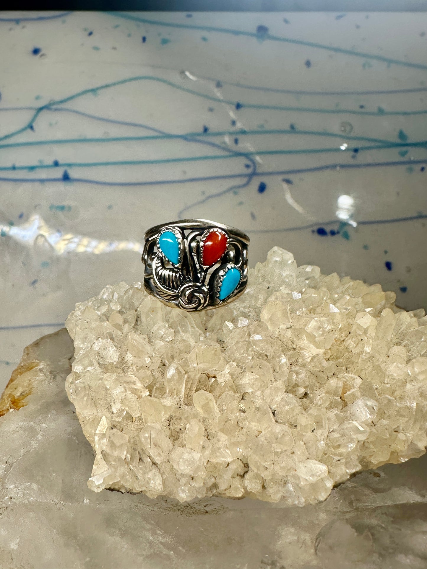 Turquoise ring Southwest band coral sterling silver size 5.75 women signed