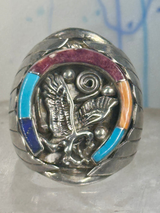 Navajo ring Horseshoe eagle Turquoise Lapis Good Luck sterling silver size 9.75