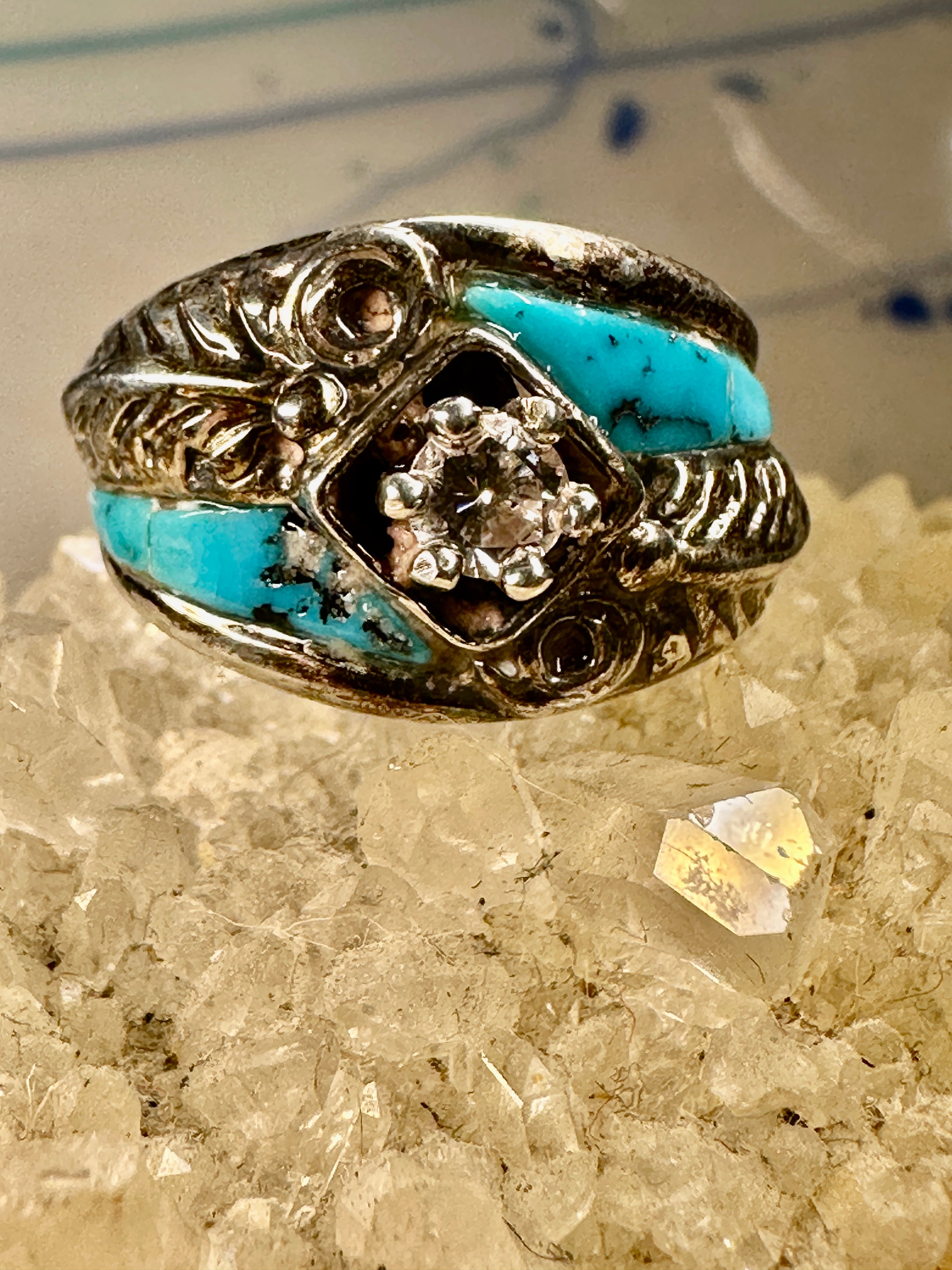 Turquoise ring Southwest band CZ sterling silver size 5.75 women