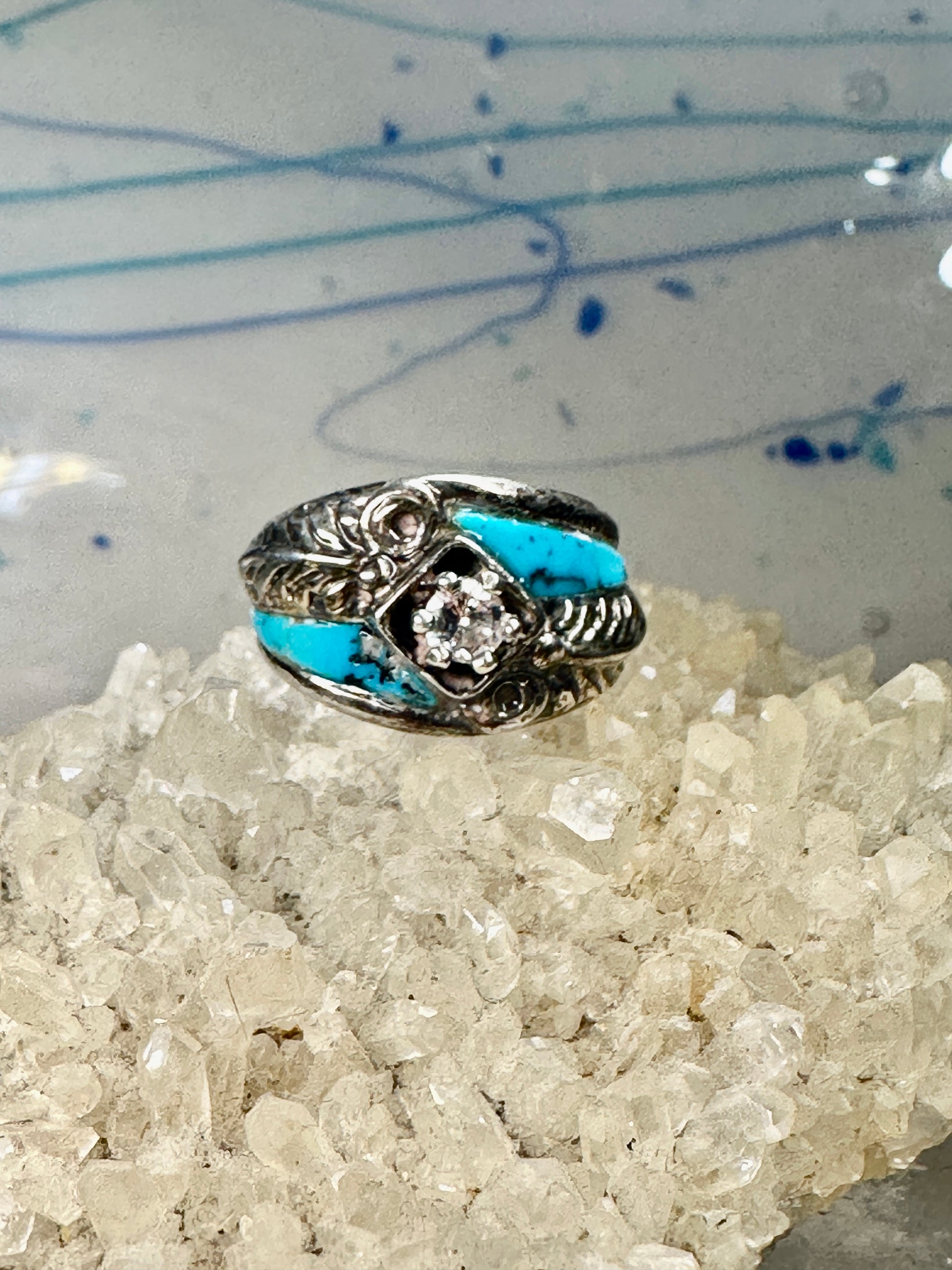 Turquoise ring Southwest band CZ sterling silver size women