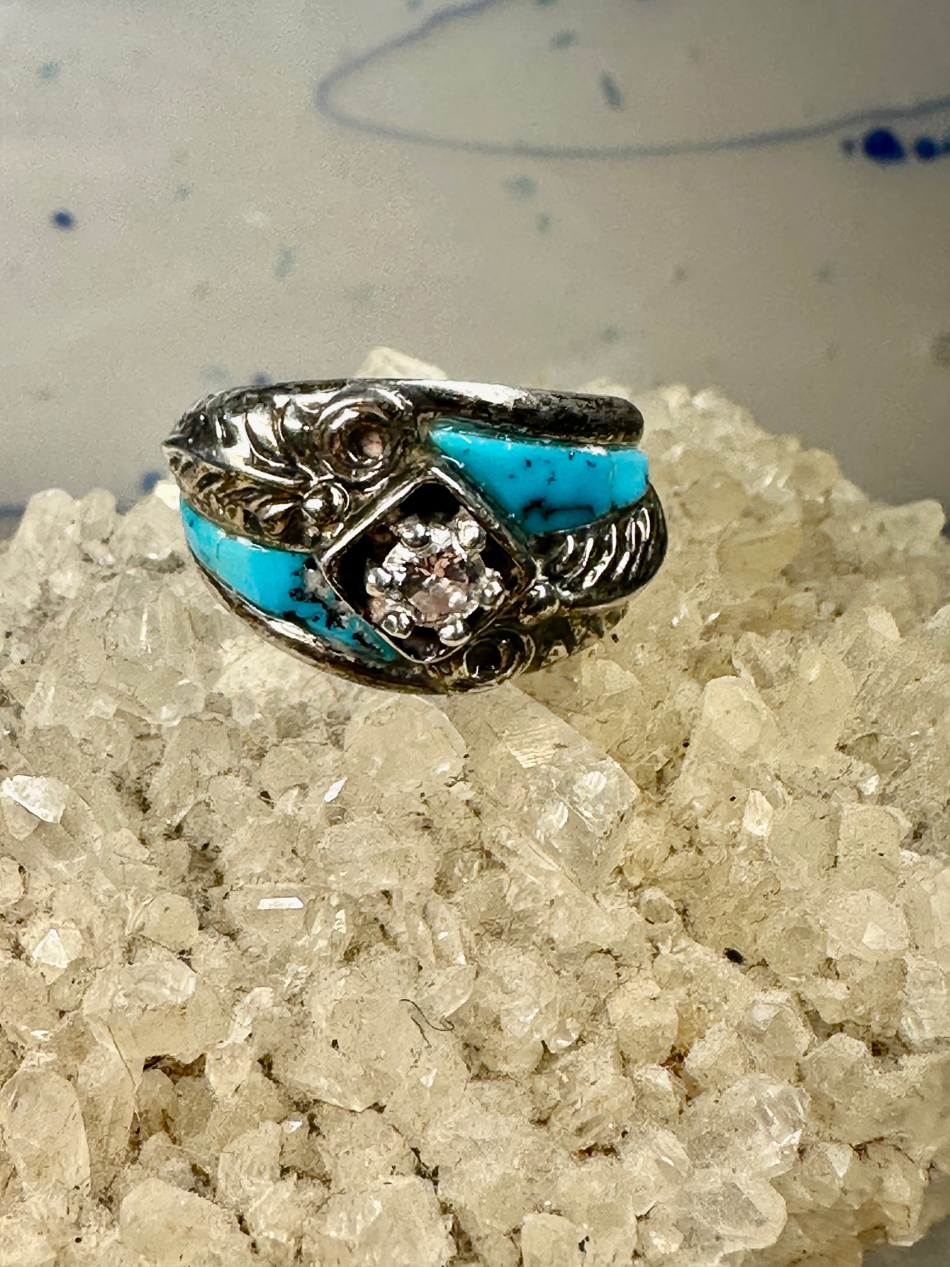 Vintage sterling silver elongated turquoise & multi colored cz orders ring size 9.5