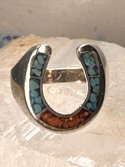 Horseshoe ring Turquoise coral chip band southwest good luck sterling silver men women
