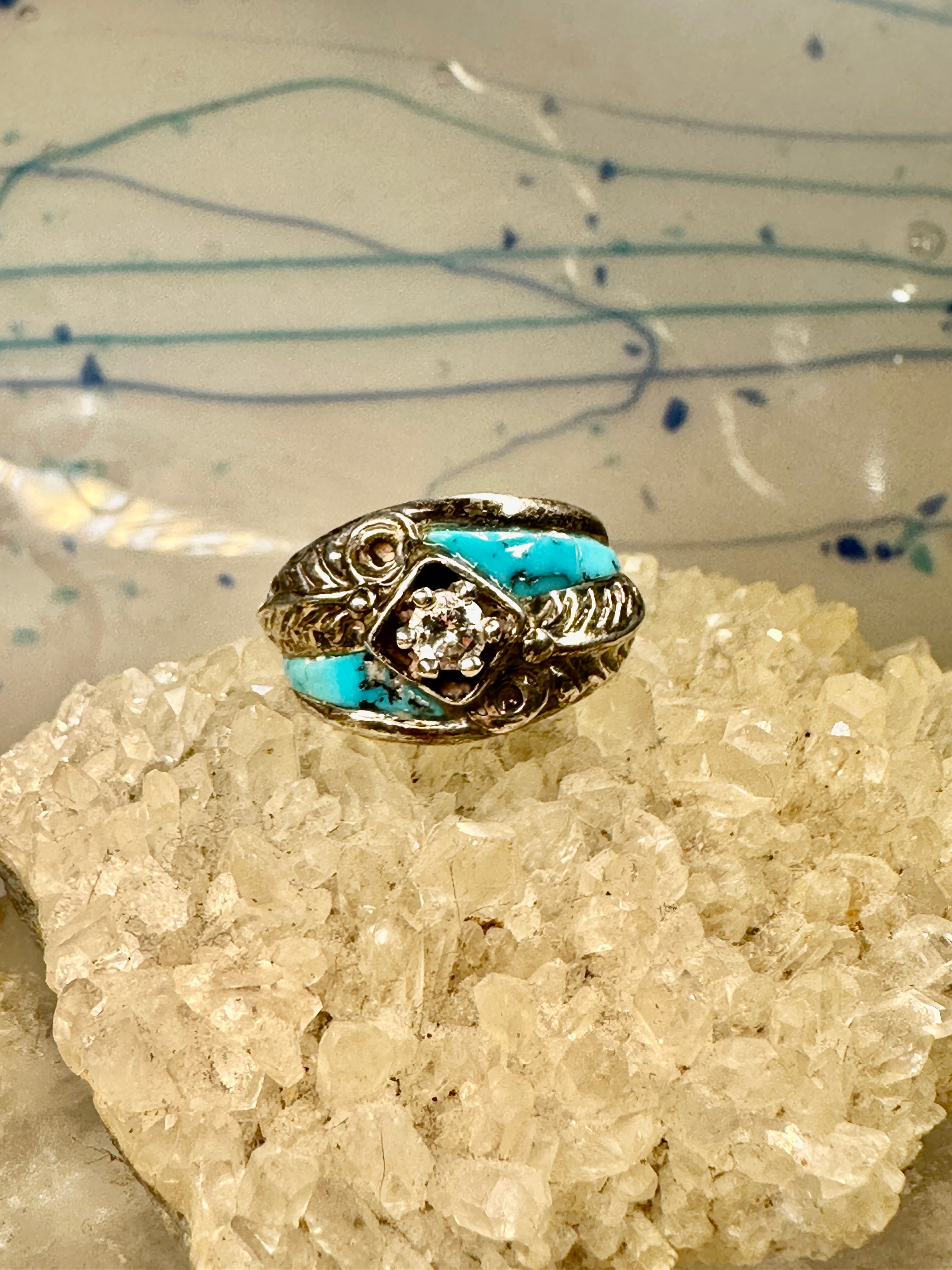 Turquoise ring Southwest band CZ sterling silver size 5.75 women