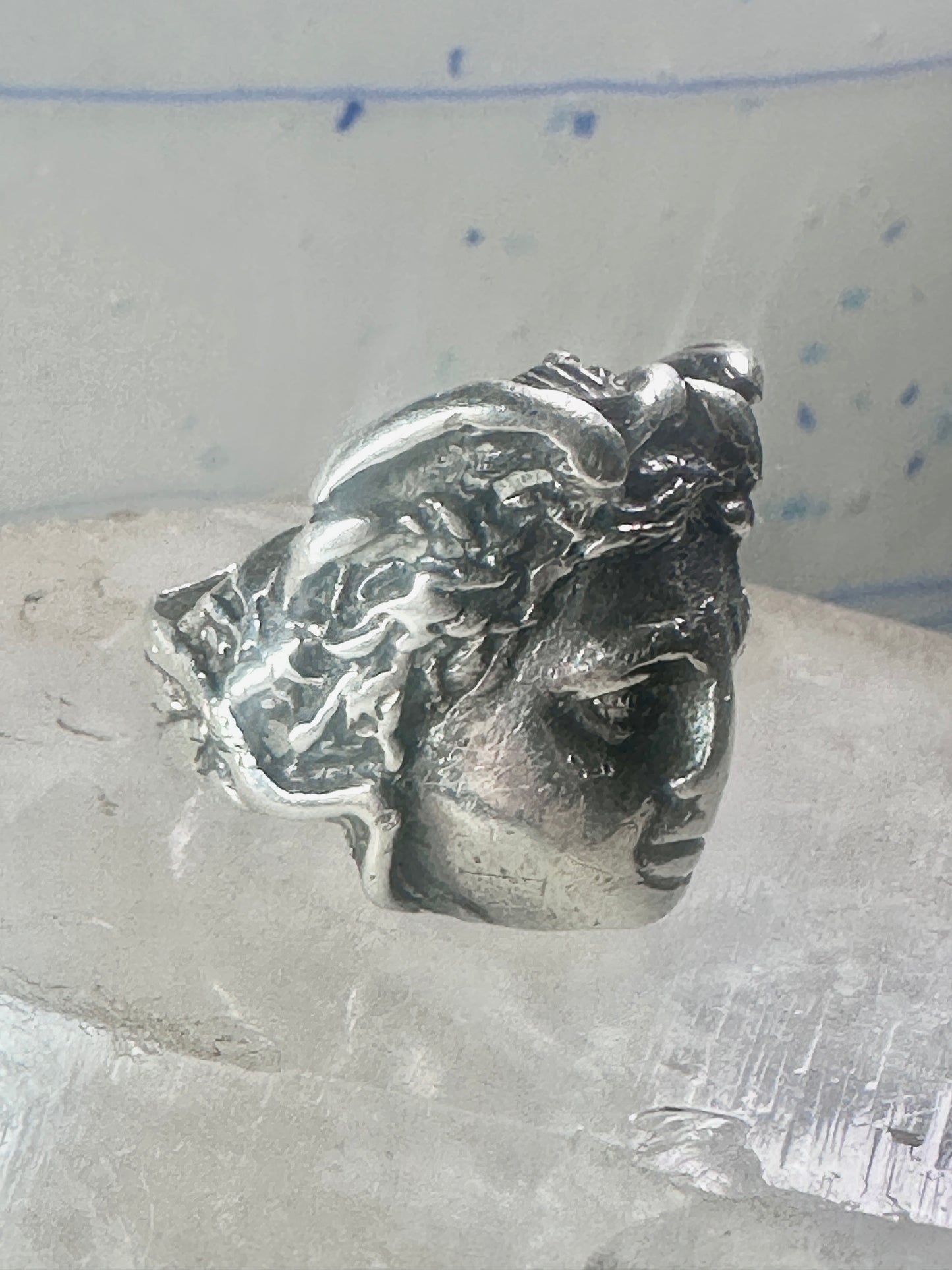 Face ring classic mythology woman band birds or snakes head Medusa?sterling silver size 5.75 women