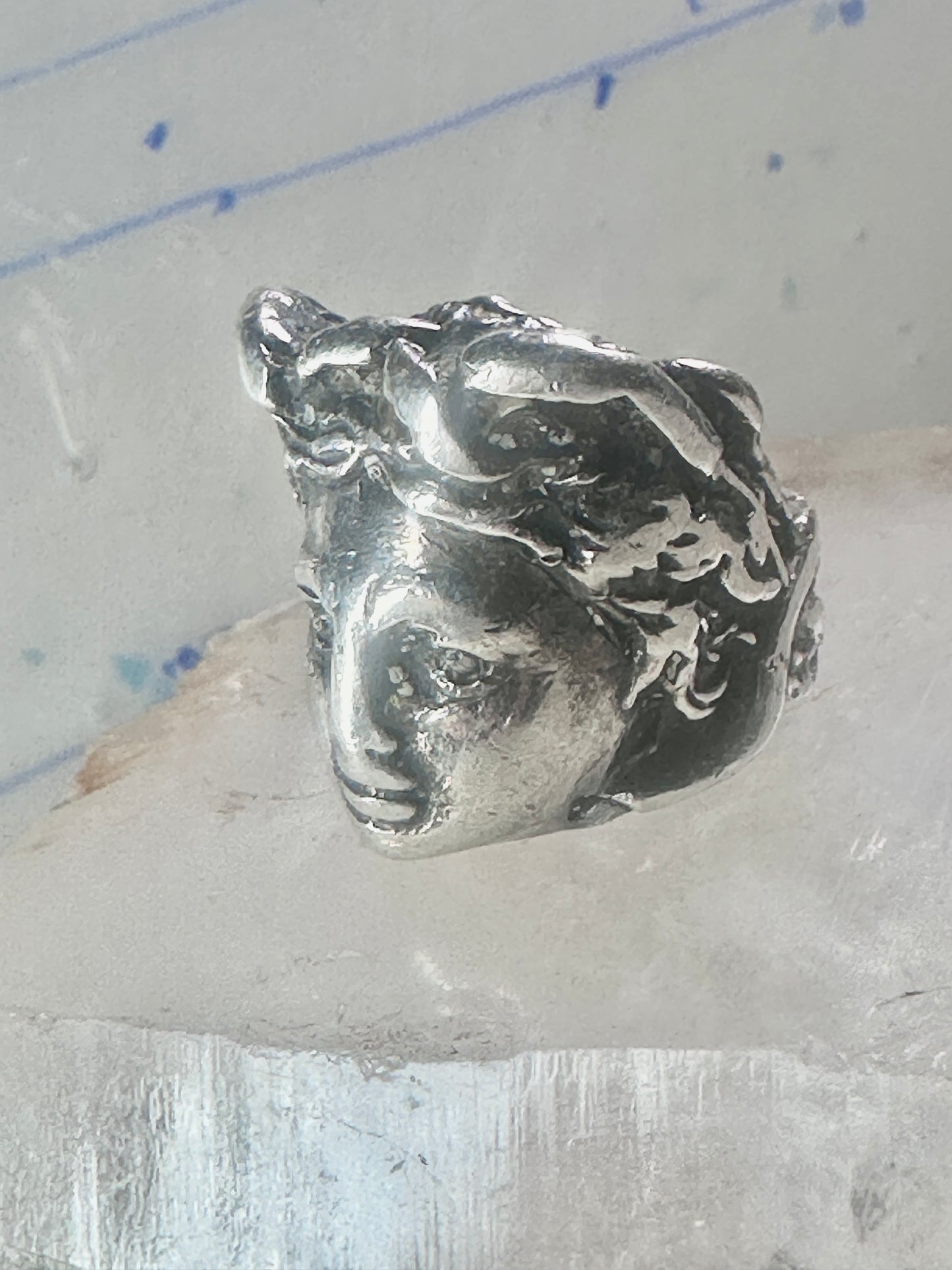 Face ring classic mythology woman band birds or snakes head Medusa?sterling silver size 5.75 women