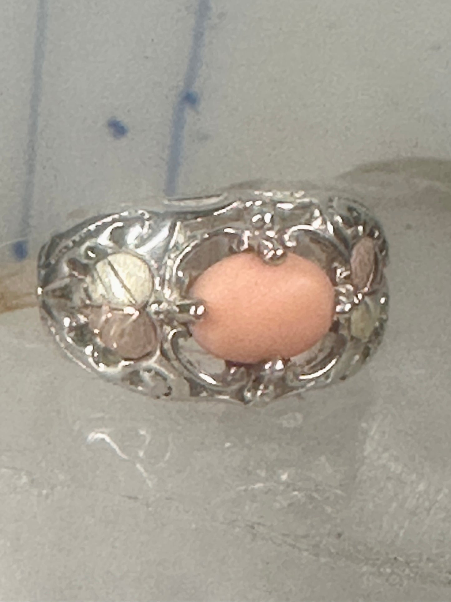 Black Hills Gold ring peach coral leaves band pinky sterling silver size 4.7 12K over sterling women