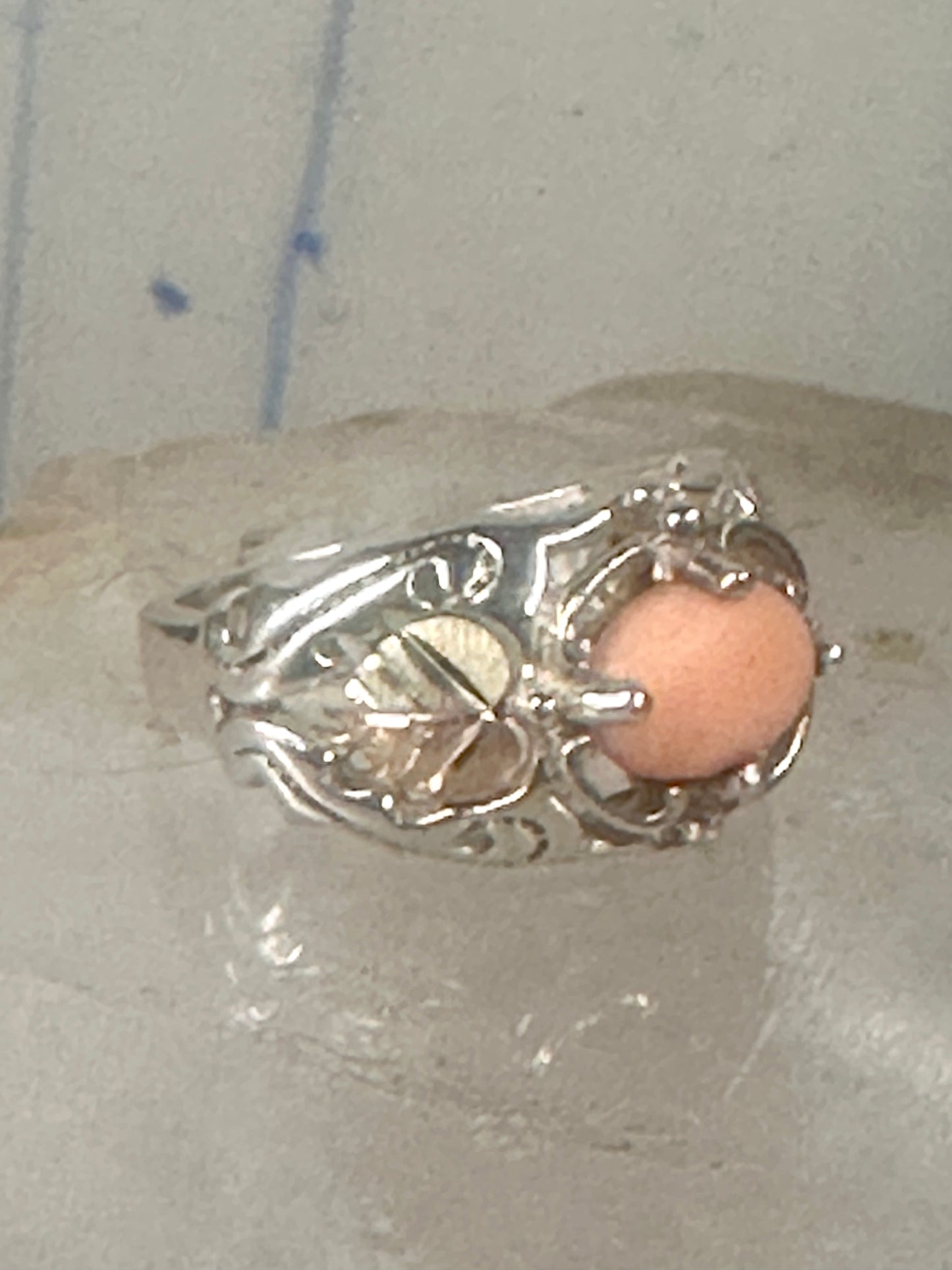 Black Hills Gold ring peach coral leaves band pinky sterling silver size 4.7 12K over sterling women