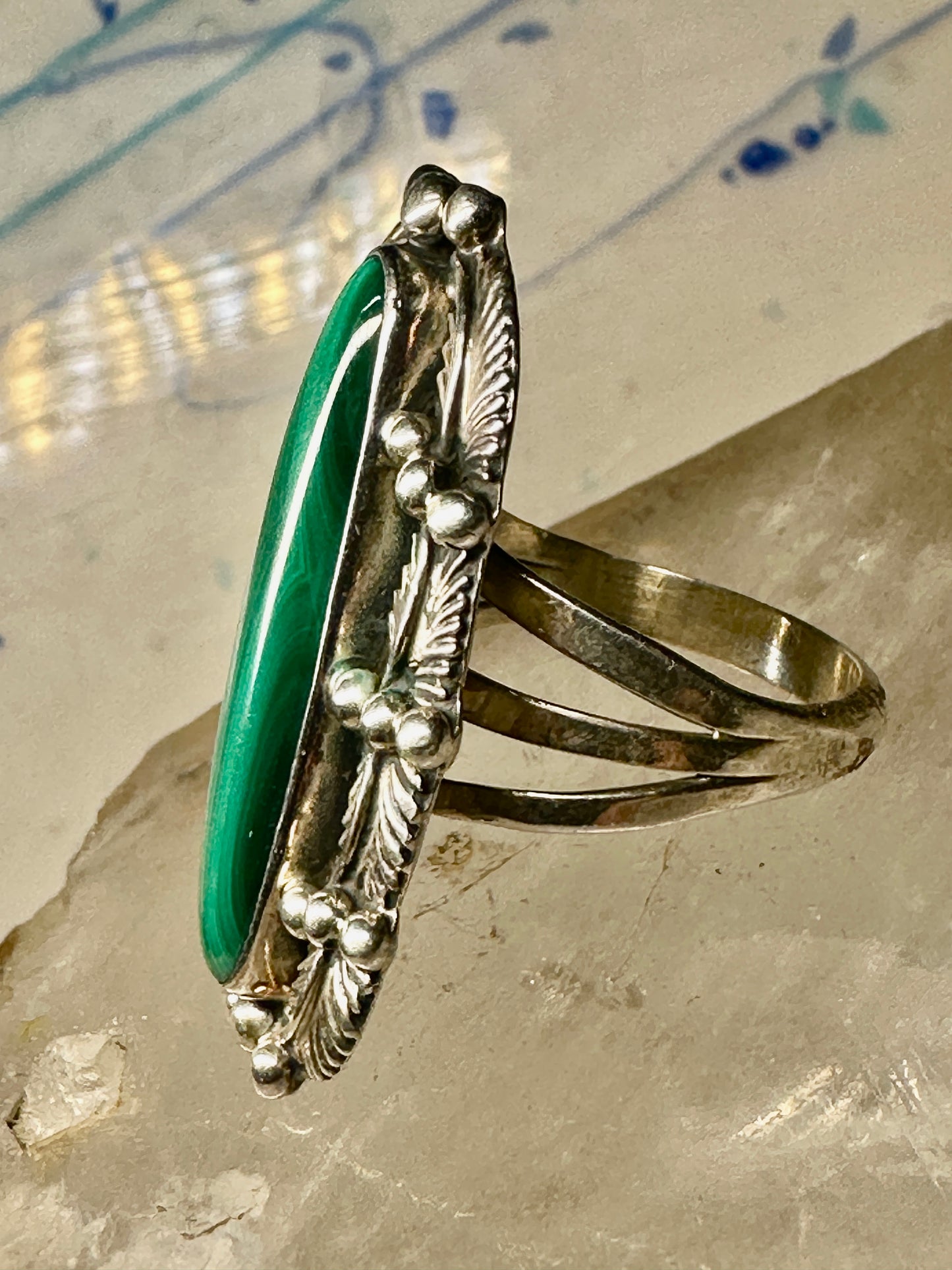 Long Malachite ring Navajo leaves feathers size 8.75 sterling silver women girls
