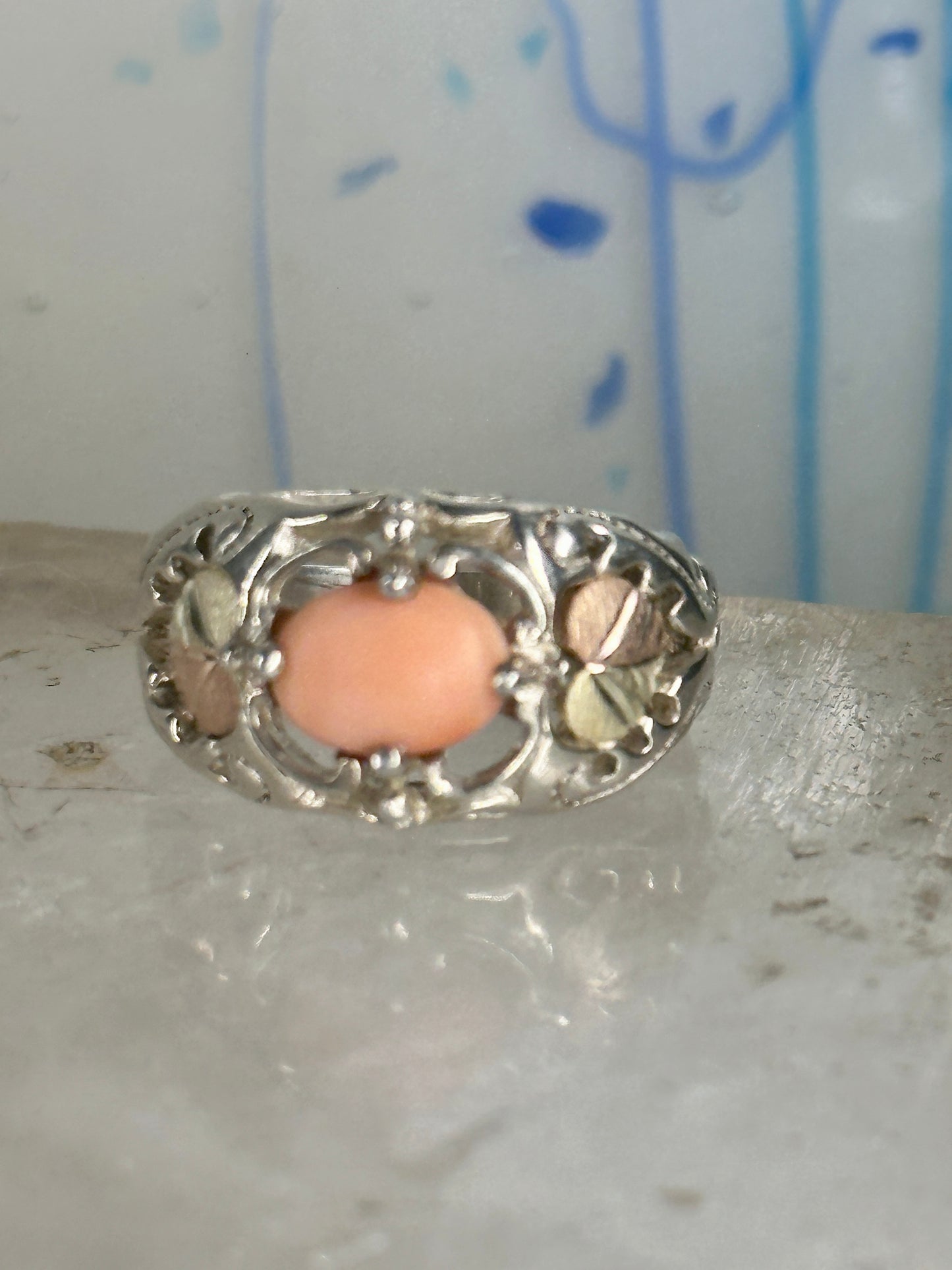 Black Hills Gold ring peach coral leaves band pinky sterling silver size 4.7 12K over sterling women