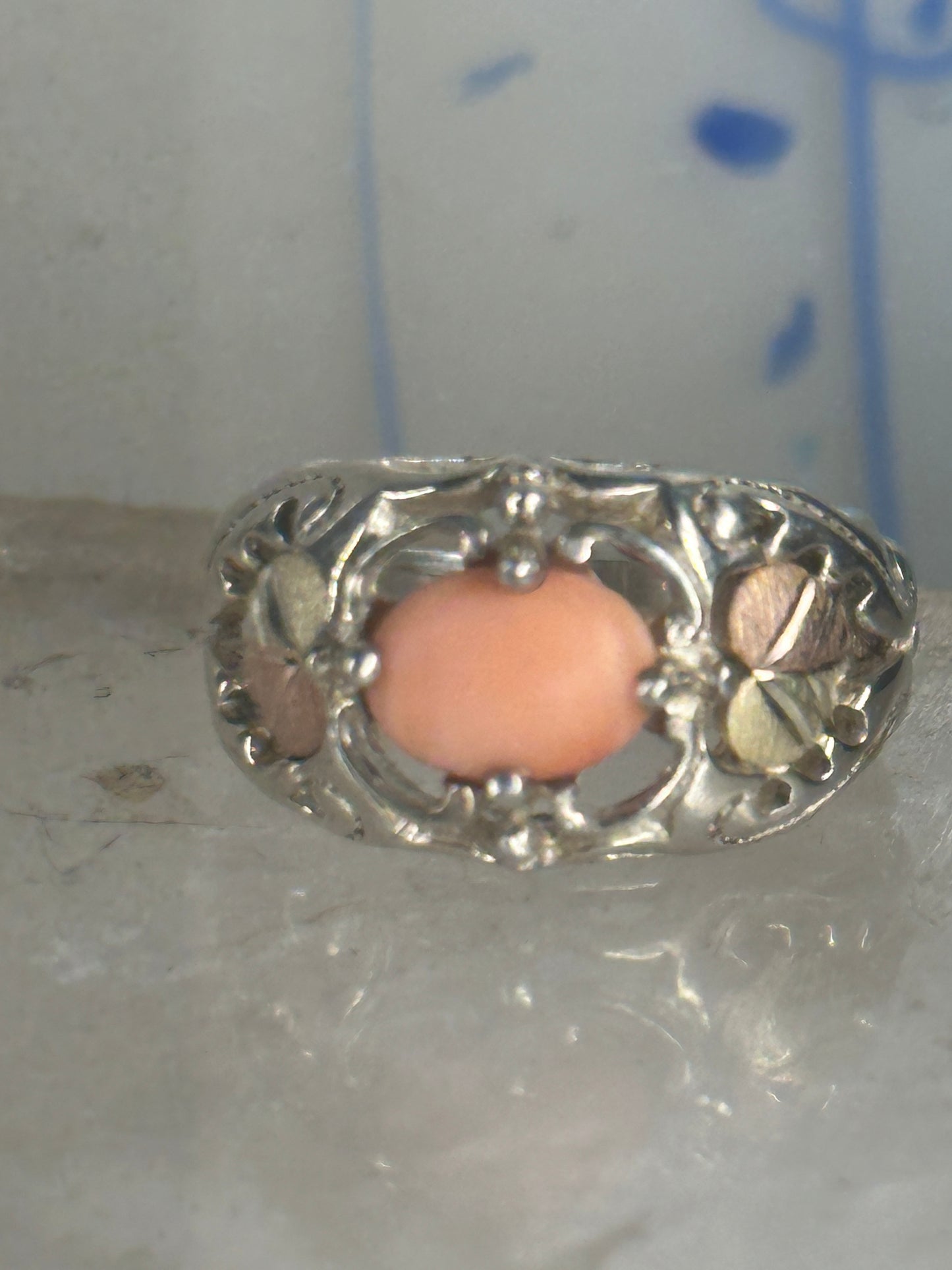 Black Hills Gold ring peach coral leaves band pinky sterling silver size 4.7 12K over sterling women