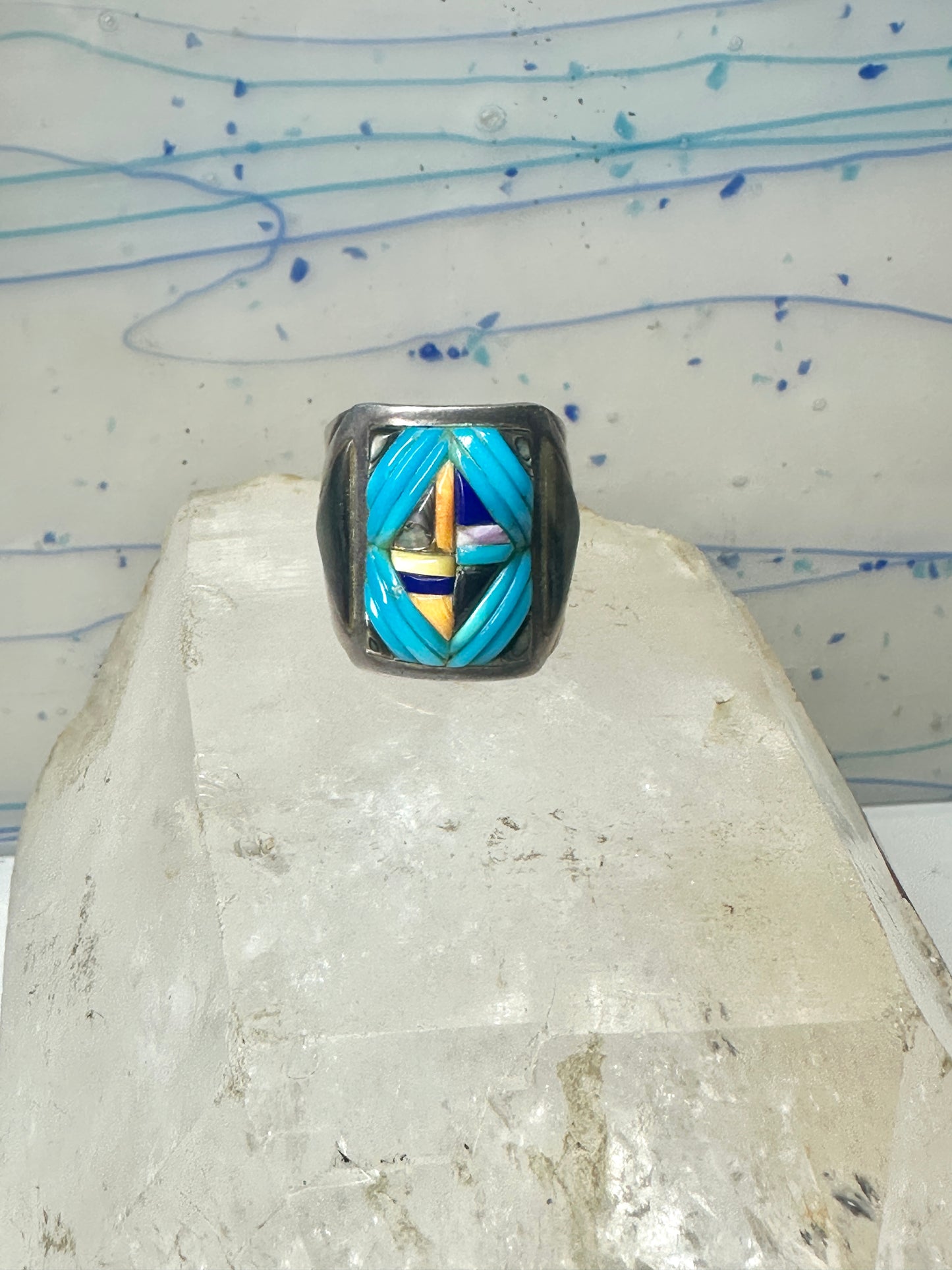 Turquoise ring Cobblestone Native American abalone onyx spiny oyster size 12.7 sterling silver women men