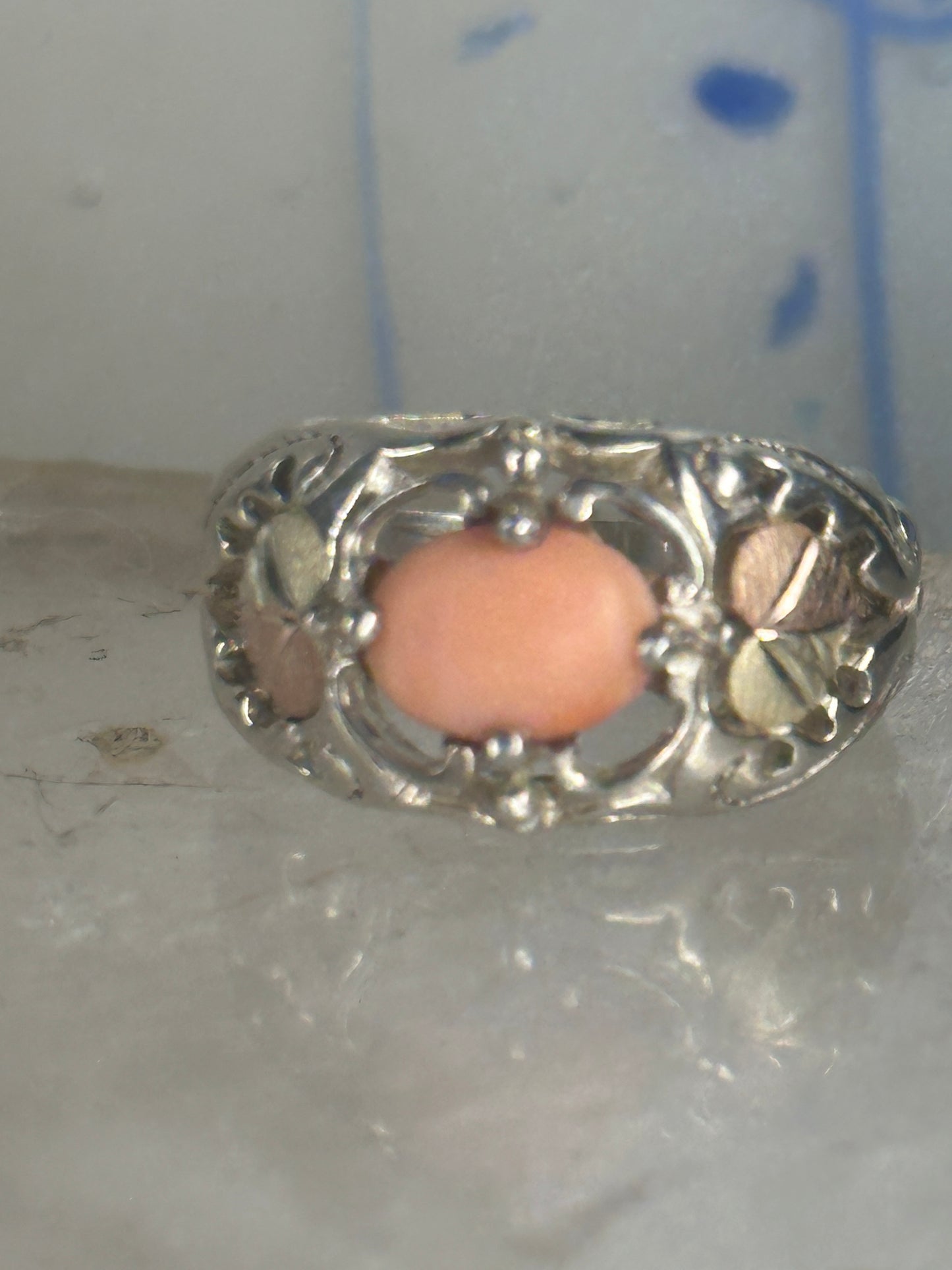 Black Hills Gold ring peach coral leaves band pinky sterling silver size 4.7 12K over sterling women