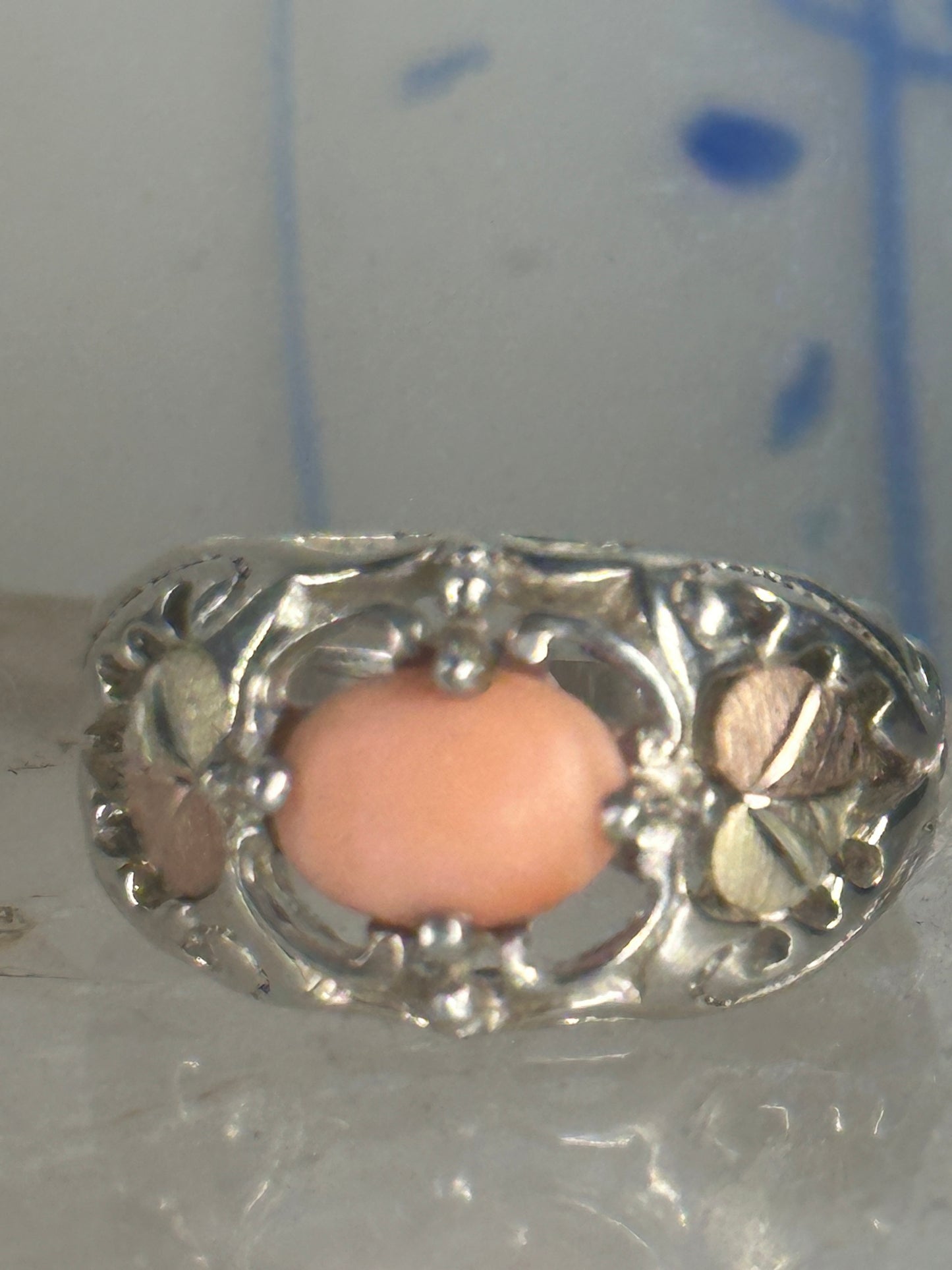 Black Hills Gold ring peach coral leaves band pinky sterling silver size 4.7 12K over sterling women