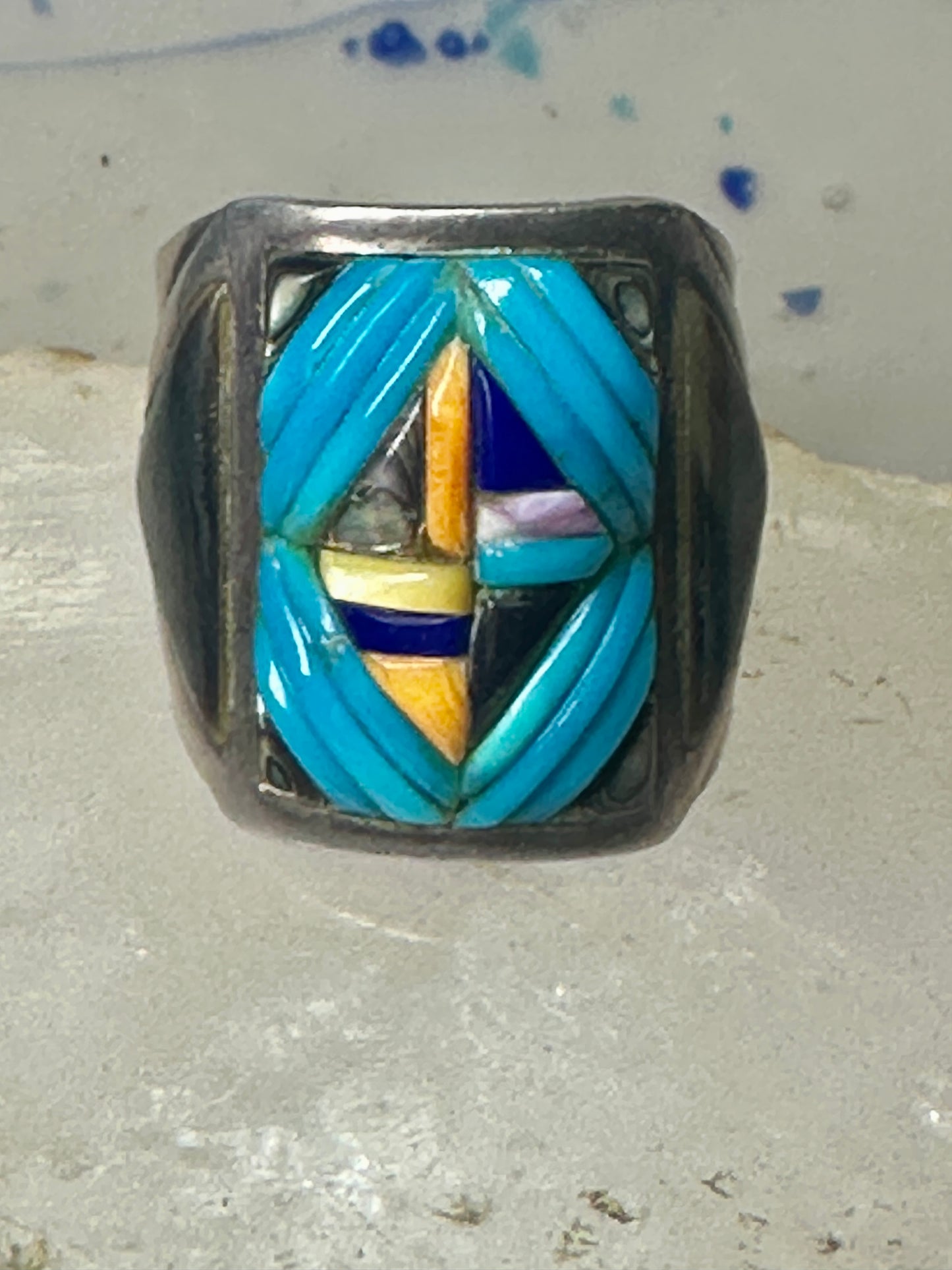 Turquoise ring Cobblestone Native American abalone onyx spiny oyster size 12.7 sterling silver women men