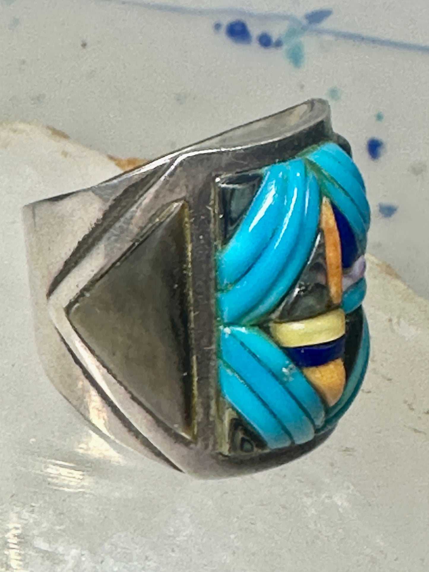Turquoise ring Cobblestone Native American abalone onyx spiny oyster size 12.7 sterling silver women men