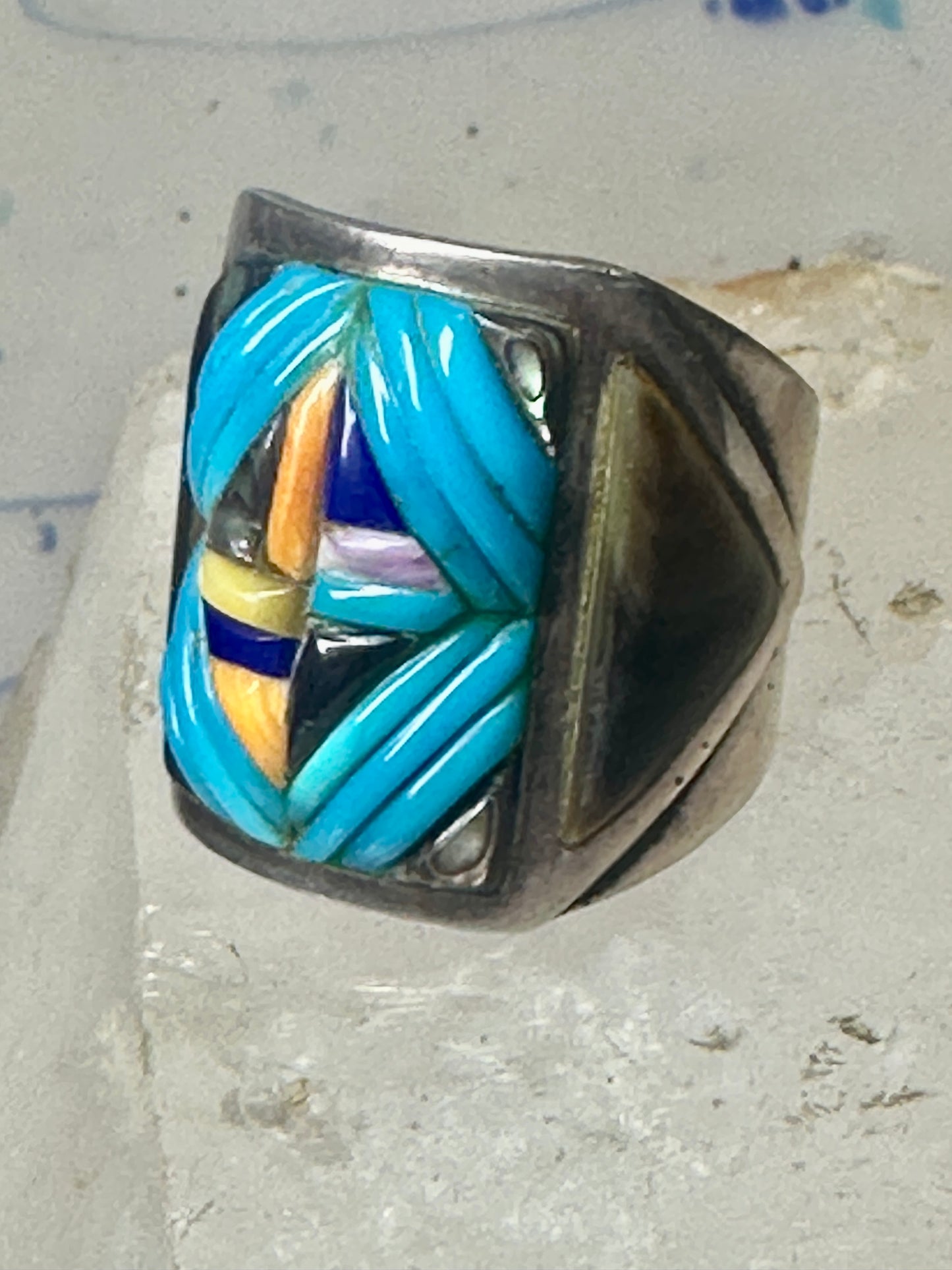 Turquoise ring Cobblestone Native American abalone onyx spiny oyster size 12.7 sterling silver women men